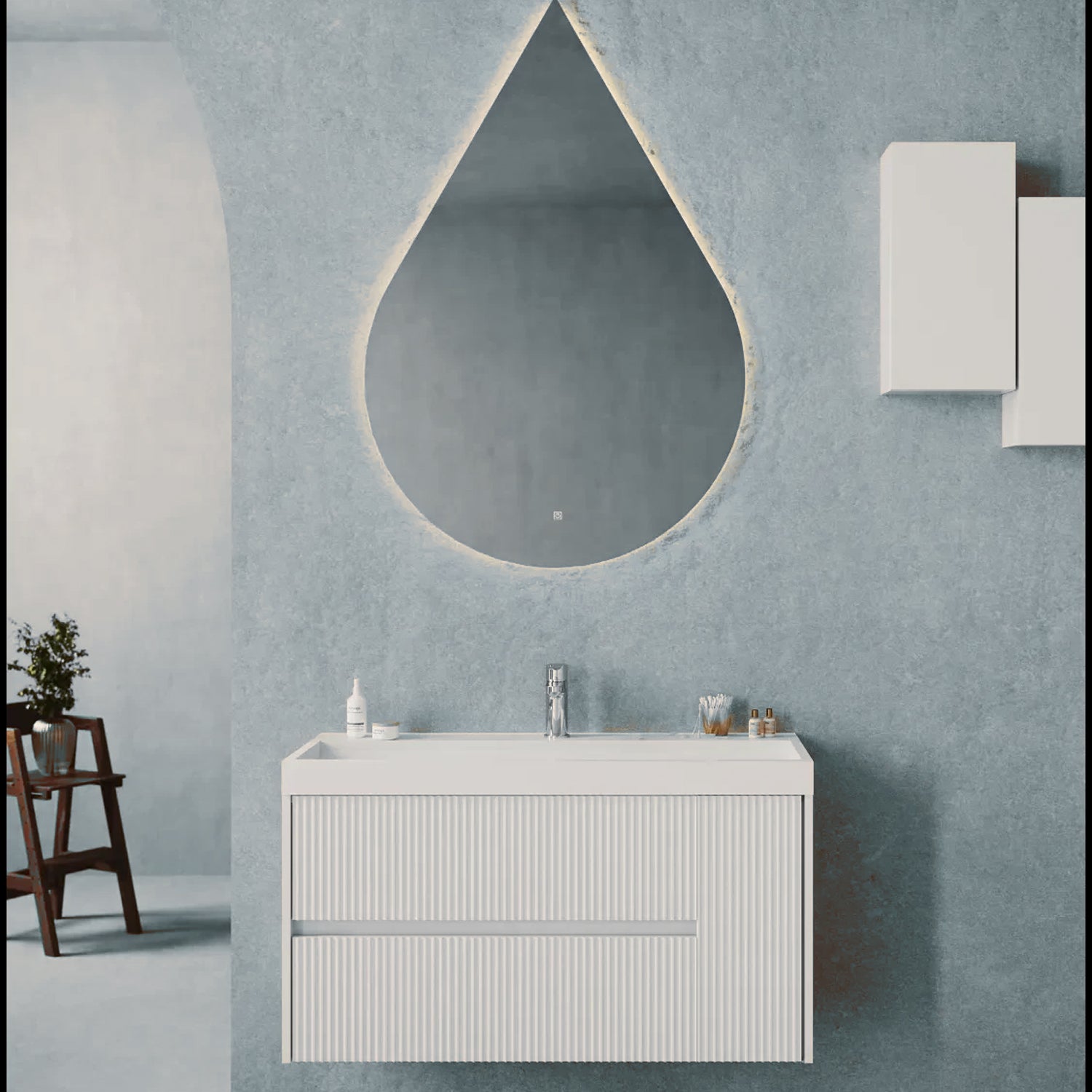  Mobile bagno sospeso cannettato con lavabo e specchio a goccia cm 100 colore bianco opaco - Cubi&Co Collezione Pure by CeramicStore | Lo specialista del tuo bagno