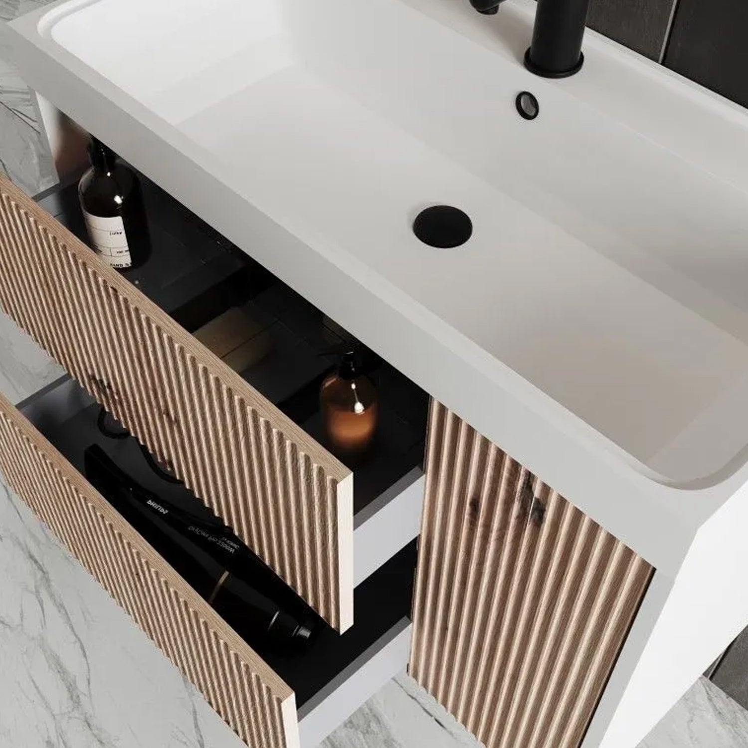  Mobile bagno sospeso cannettato con lavabo e specchio a goccia cm 100 colore rovere oro - Cubi&Co Collezione Pure by CeramicStore | Lo specialista del tuo bagno