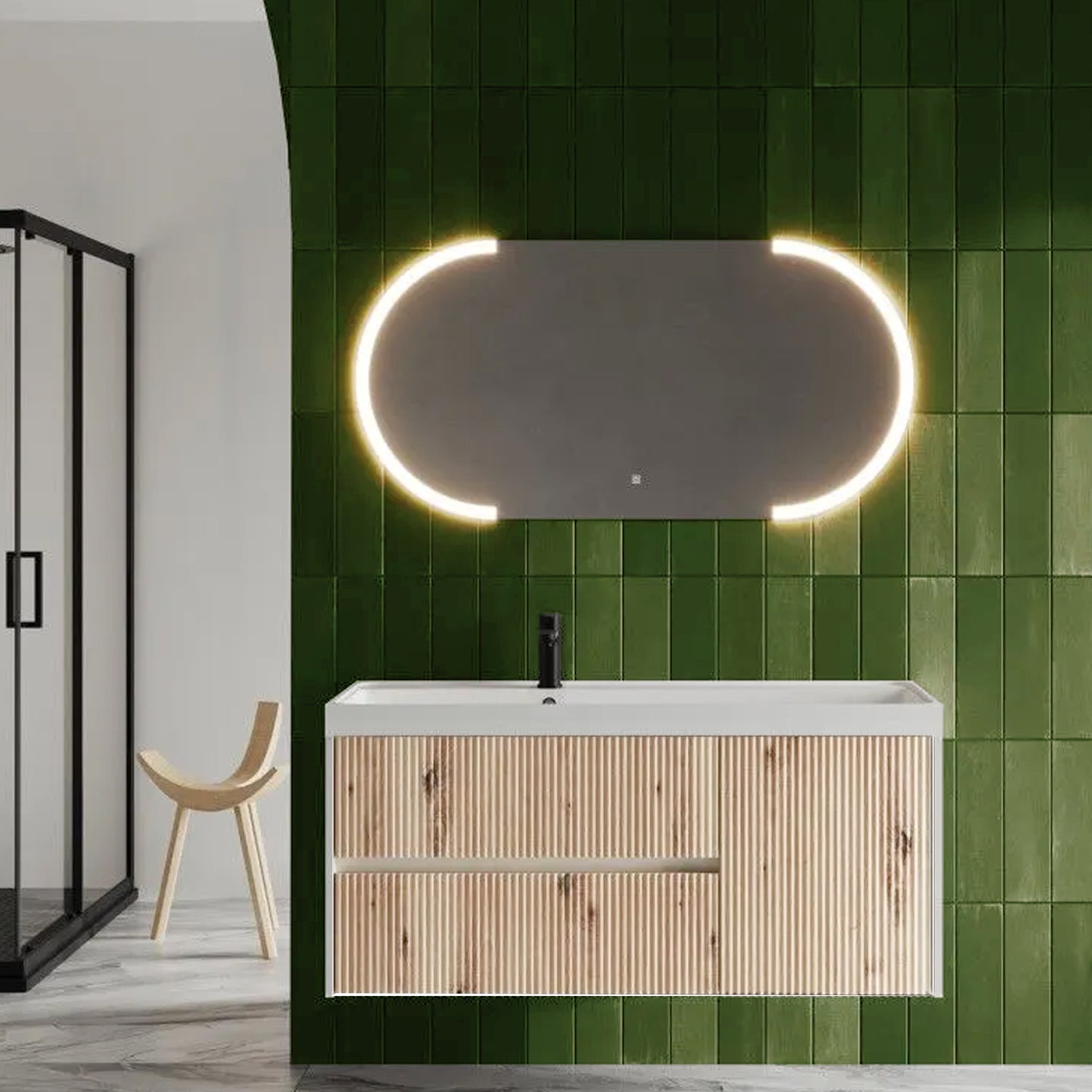 Mobile bagno sospeso cannettato con lavabo e specchio ovale cm 120 colore rovere oro - Cubi&Co Collezione Pure by CeramicStore | Lo specialista del tuo bagno