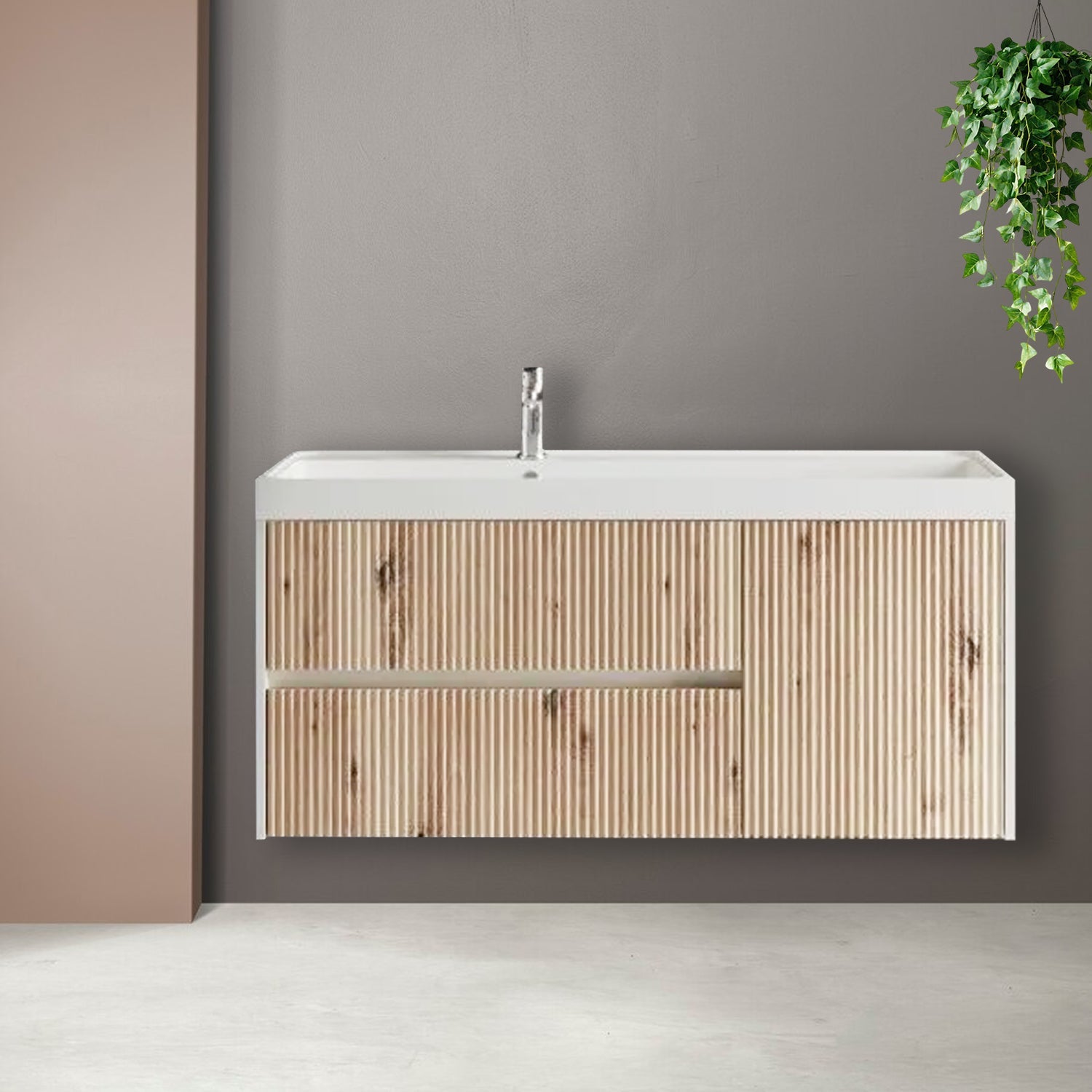  Mobile bagno sospeso cannettato con lavabo e specchio ovale cm 120 colore rovere oro - Cubi&Co Collezione Pure by CeramicStore | Lo specialista del tuo bagno
