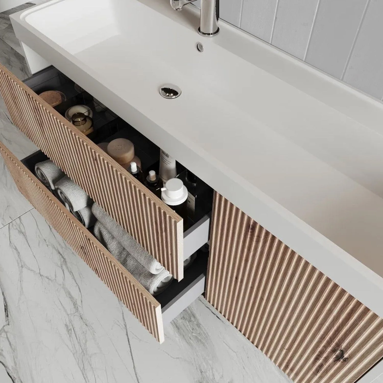  Mobile bagno sospeso cannettato con lavabo e specchio ovale cm 120 colore rovere oro - Cubi&Co Collezione Pure by CeramicStore | Lo specialista del tuo bagno