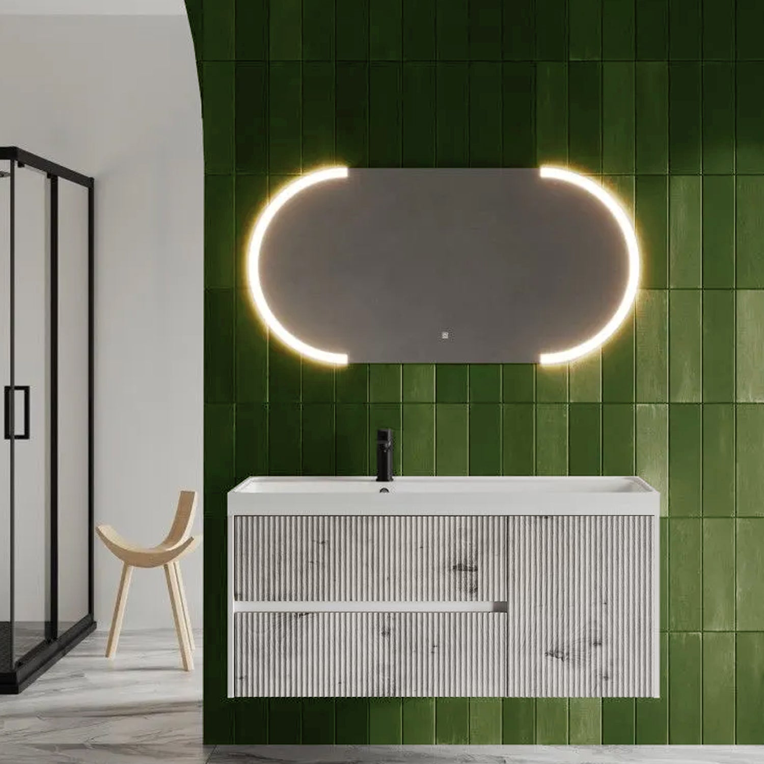 Mobile bagno sospeso cannettato con lavabo e specchio ovale cm 120 colore grigio antico - Cubi&Co Collezione Pure by CeramicStore | Lo specialista del tuo bagno