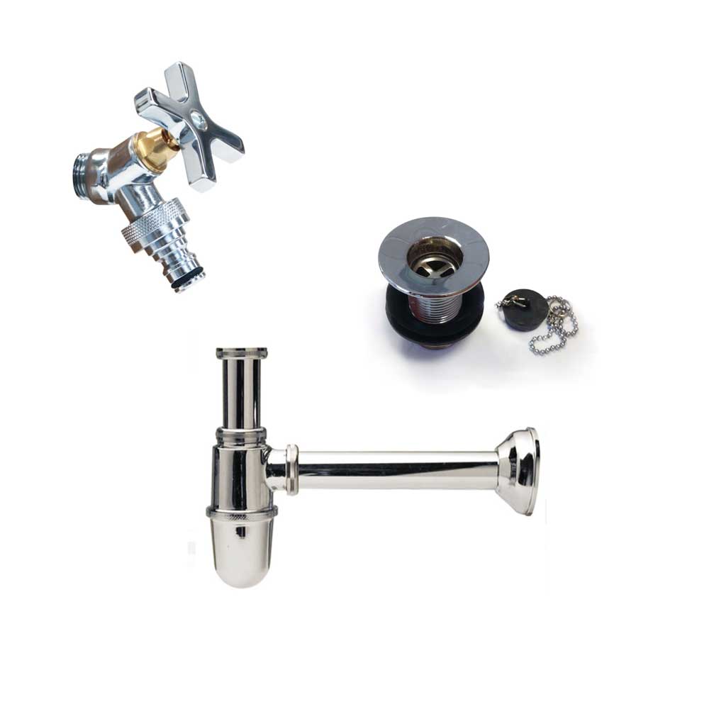 Kit Rubinetto, Sifone di scarico e piletta in ottone cromato per lavabi da esterno 2