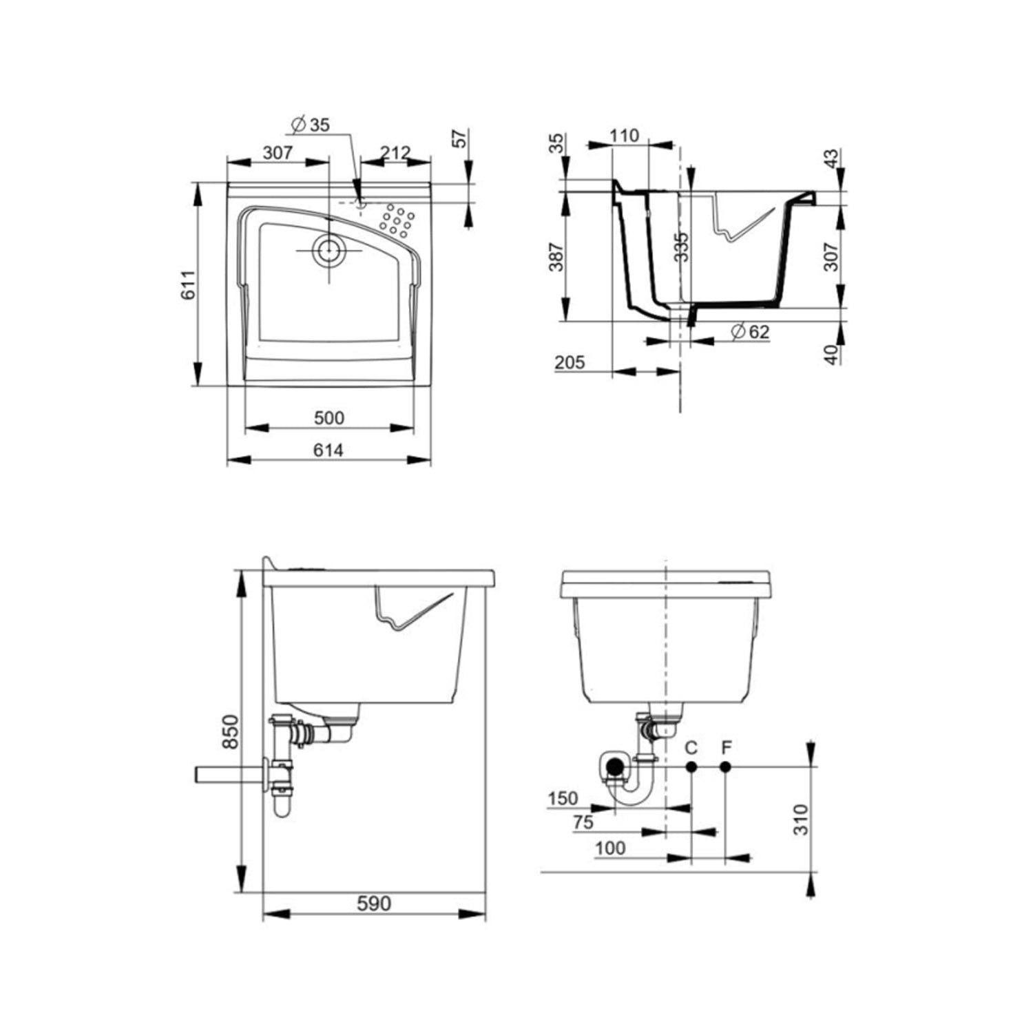 Lavatoio da Incasso in Ceramica Revine - 61x61 cm 3