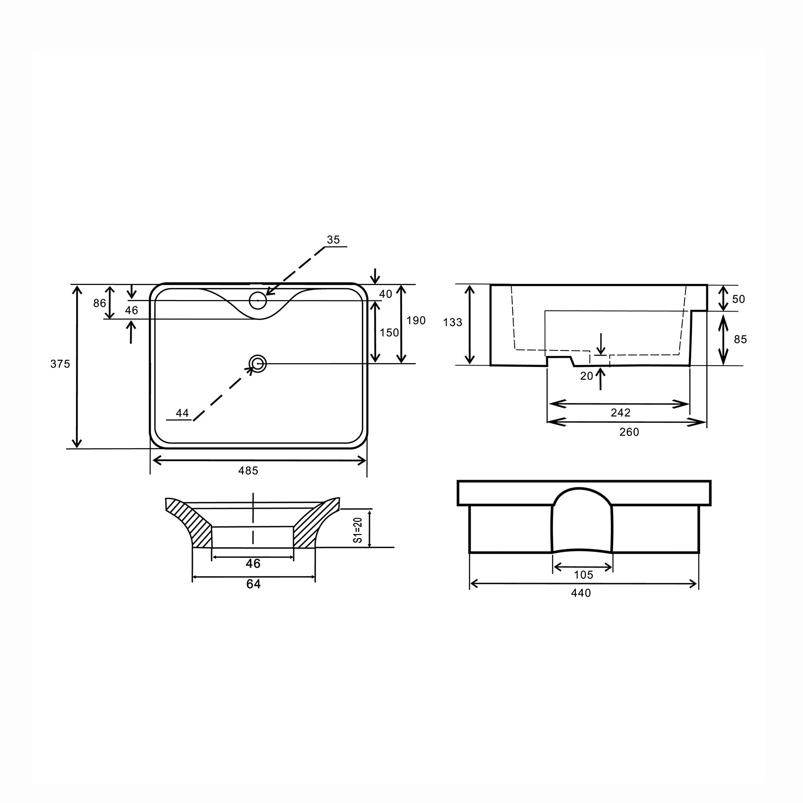 Lavabo in ceramica semincasso senza troppo pieno BathCore - 48x37 cm 2