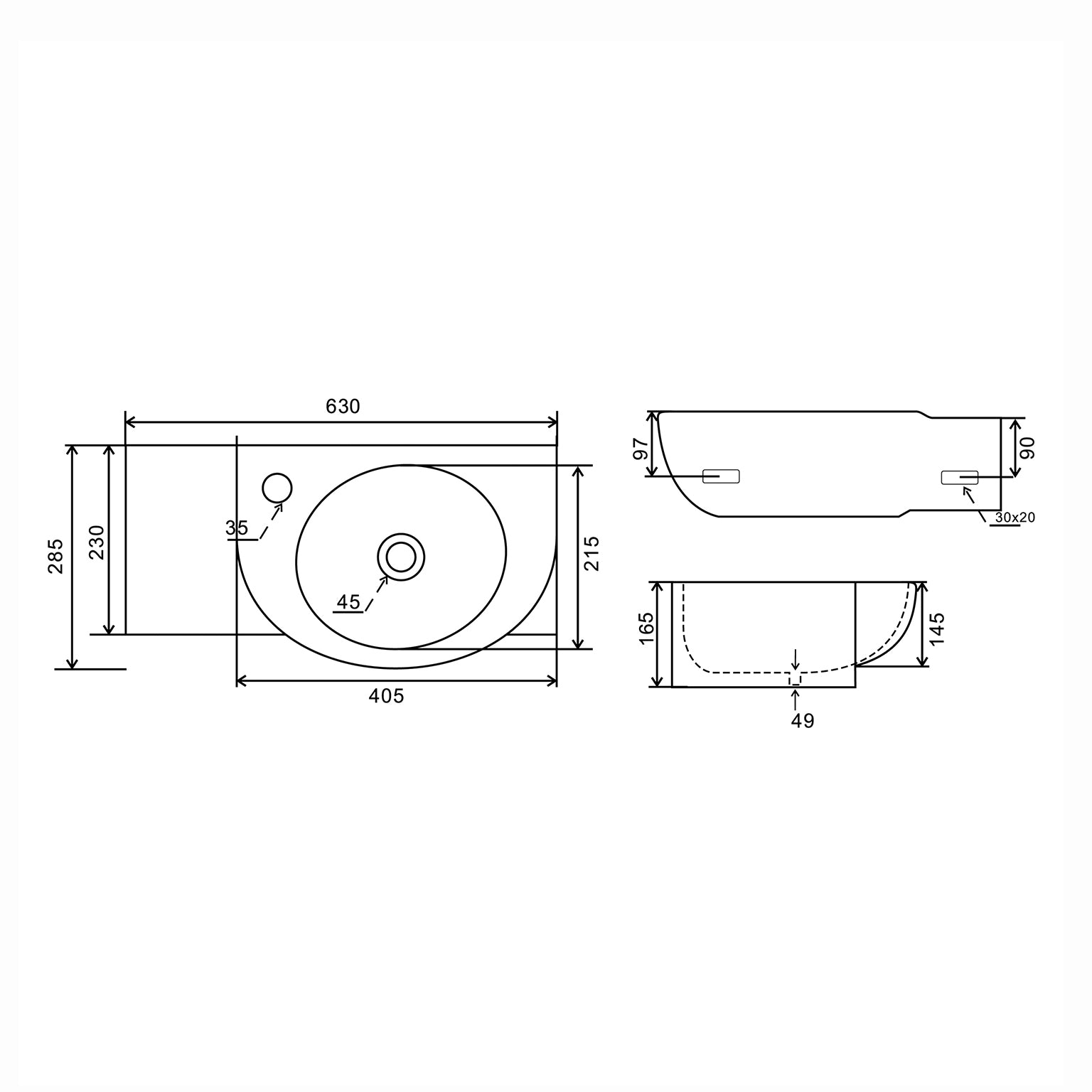 Lavabo a parete BathCore in ceramica bianca - 63x28,5 cm 2