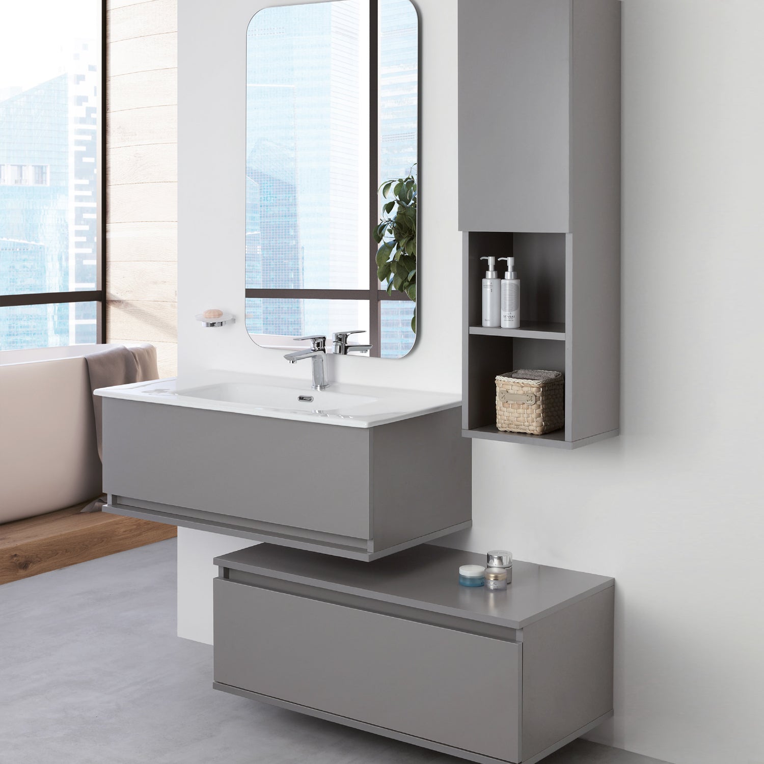 Mobile bagno sospeso Cubi&Co Shade con lavabo, cassettone e specchio - Grigio Medio