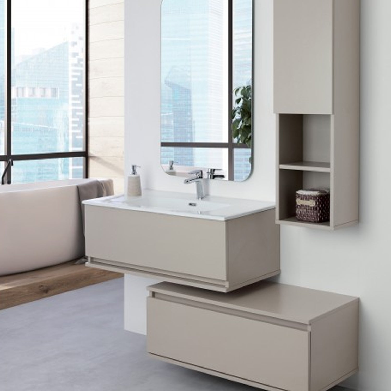 Mobile bagno sospeso Cubi&Co Shade con lavabo cassettone e specchio - Tortora