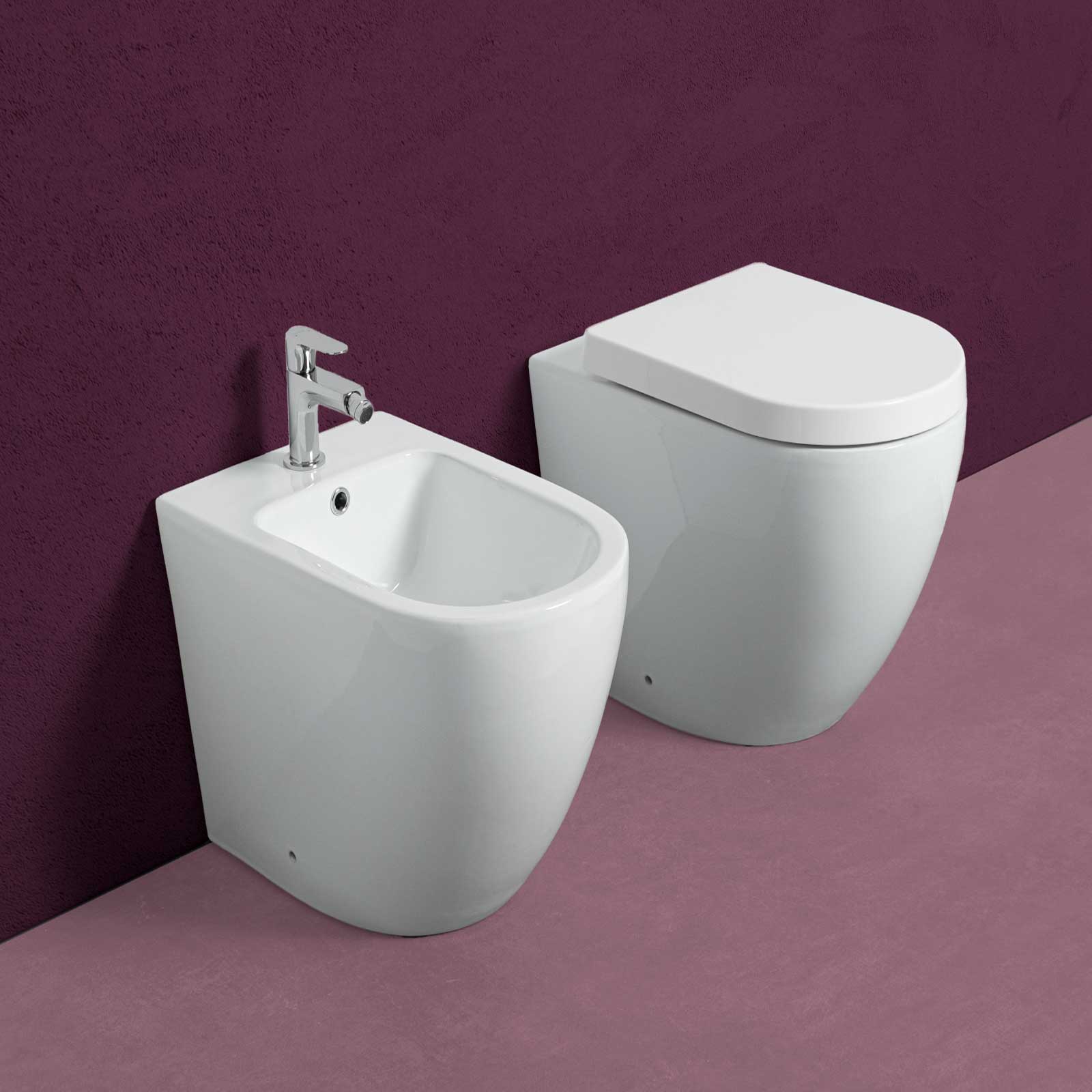 Coppia di sanitari filomuro Orchidea di Linpha Sanitary cm 36x53 bidet wc senza brida e copriwater