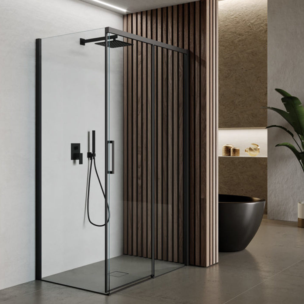 Box doccia rettangolare con apertura scorrevole verso destra cm 120x80 modello Lauren Carbon in cristallo temperato mm 8 e profili di colore nero by CeramicStore | Lo specialista del tuo bagno