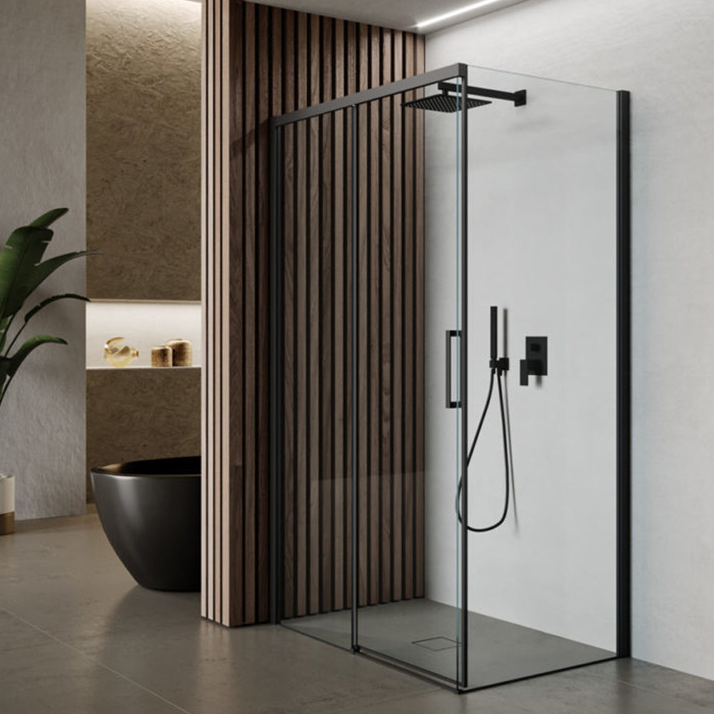 Box doccia rettangolare con apertura scorrevole verso sinistra cm 120x80 modello Lauren Carbon in cristallo temperato mm 8 e profili di colore nero by CeramicStore | Lo specialista del tuo bagno
