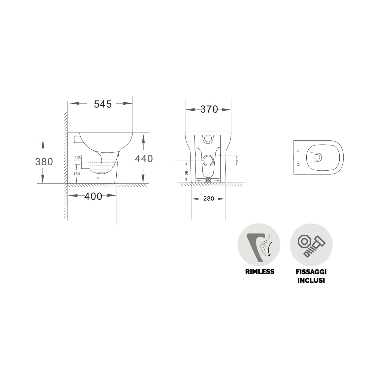  Sanitari filomuro modello Amber con sedile SoftClose 54.5x37 H. 44 cm - Bianco lucido