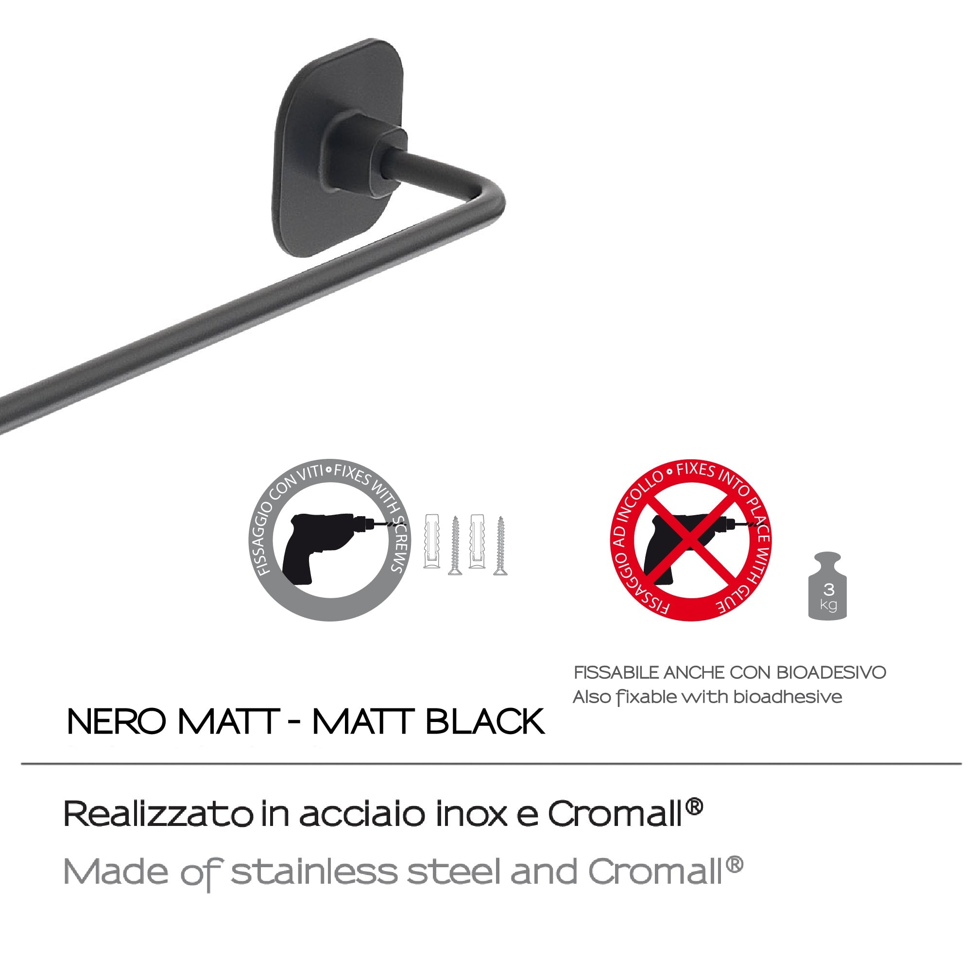  Porta asciugamani 30 cm in acciaio inox e cromall Teide di Gedy - Nero Matt by CeramicStore | Lo specialista del tuo bagno