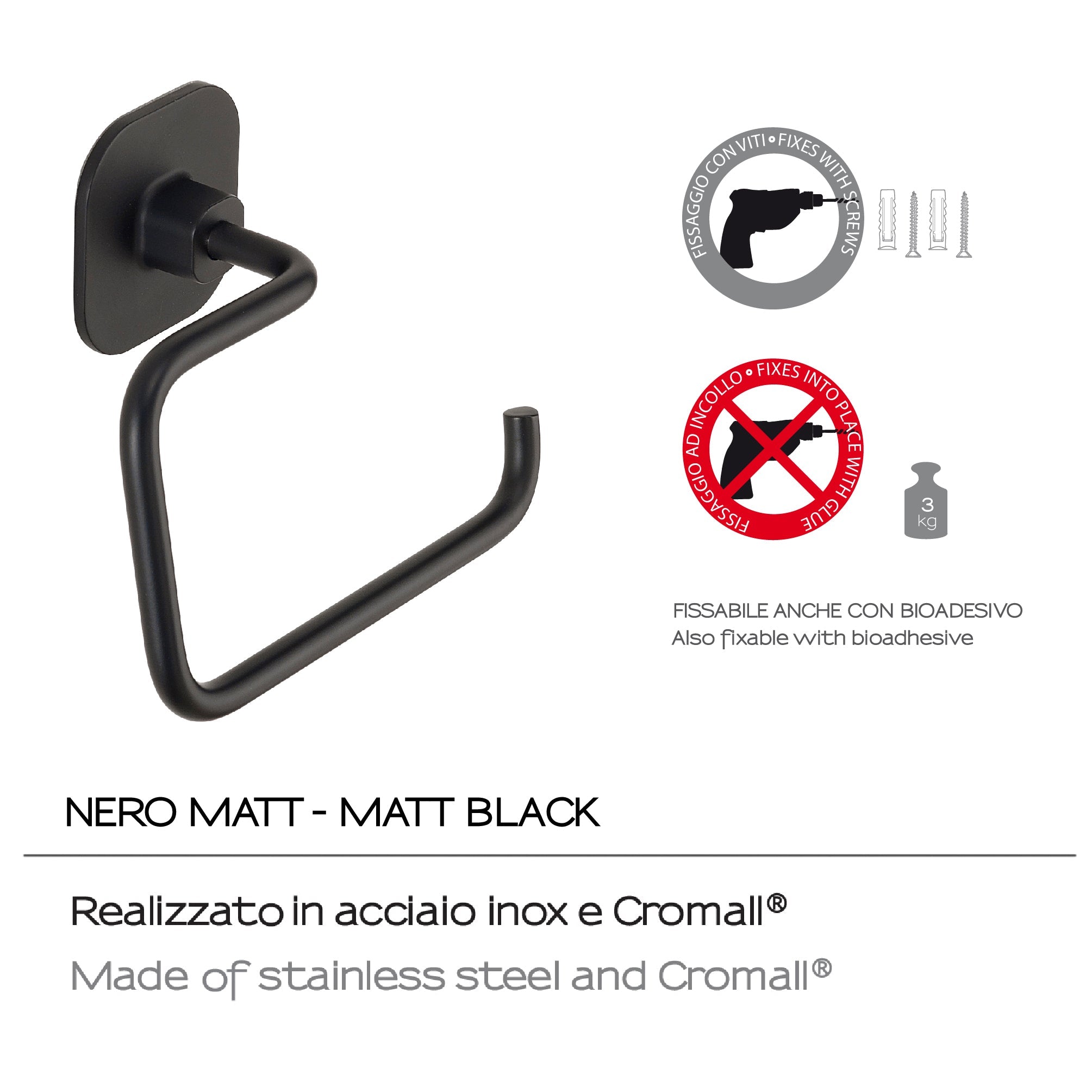  Porta carta igienica in acciaio inox e cromall Teide di Gedy - Nero Matt