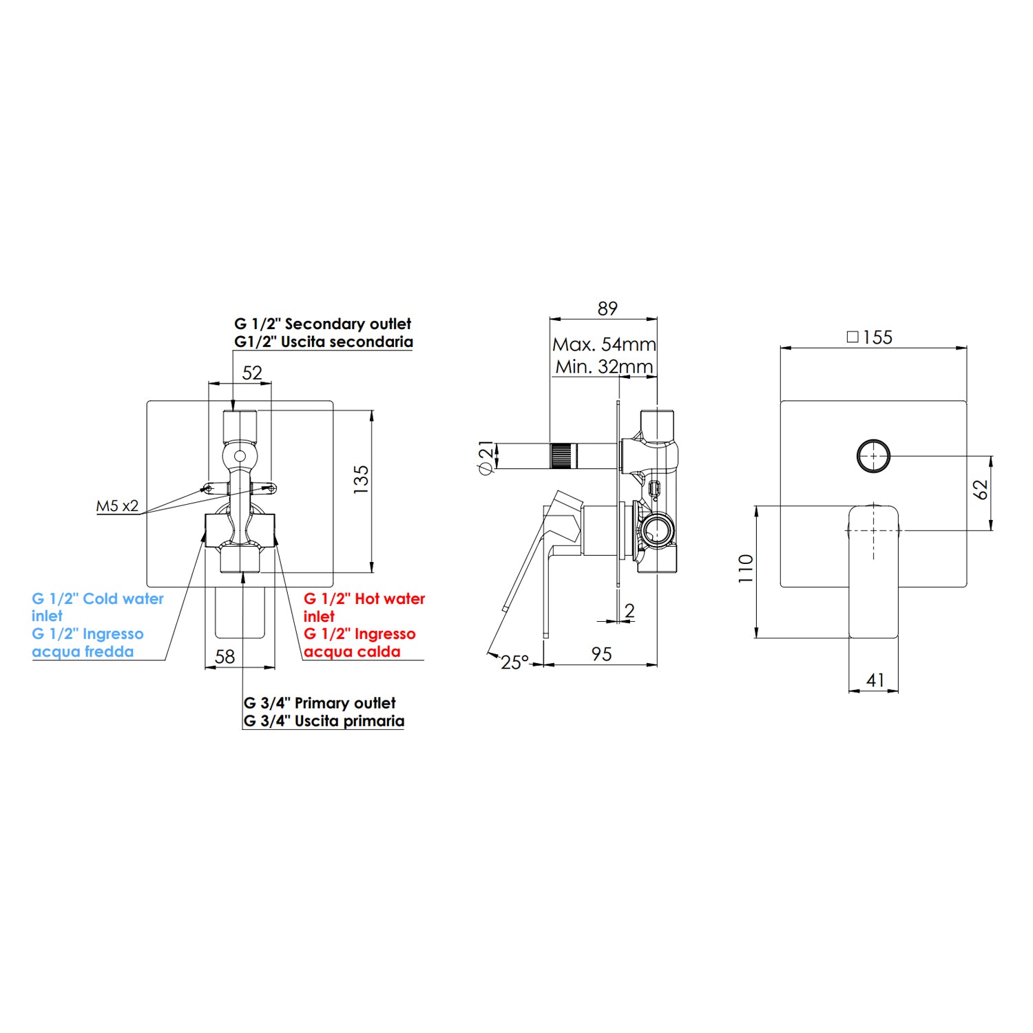 Miscelatore monocomando a incasso con deviatore a vitone Mariani serie Icon - Cromo 2