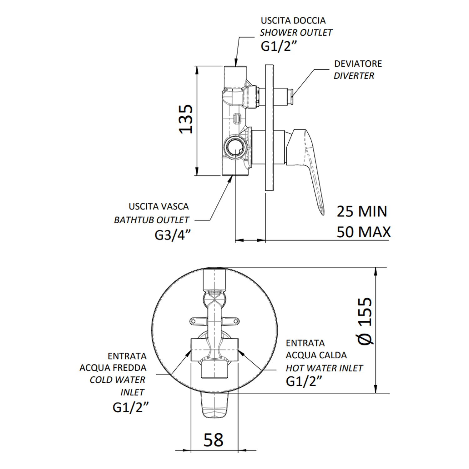 Miscelatore monocomando a incasso doccia con deviatore Mariani serie Essenza - Cromo 2