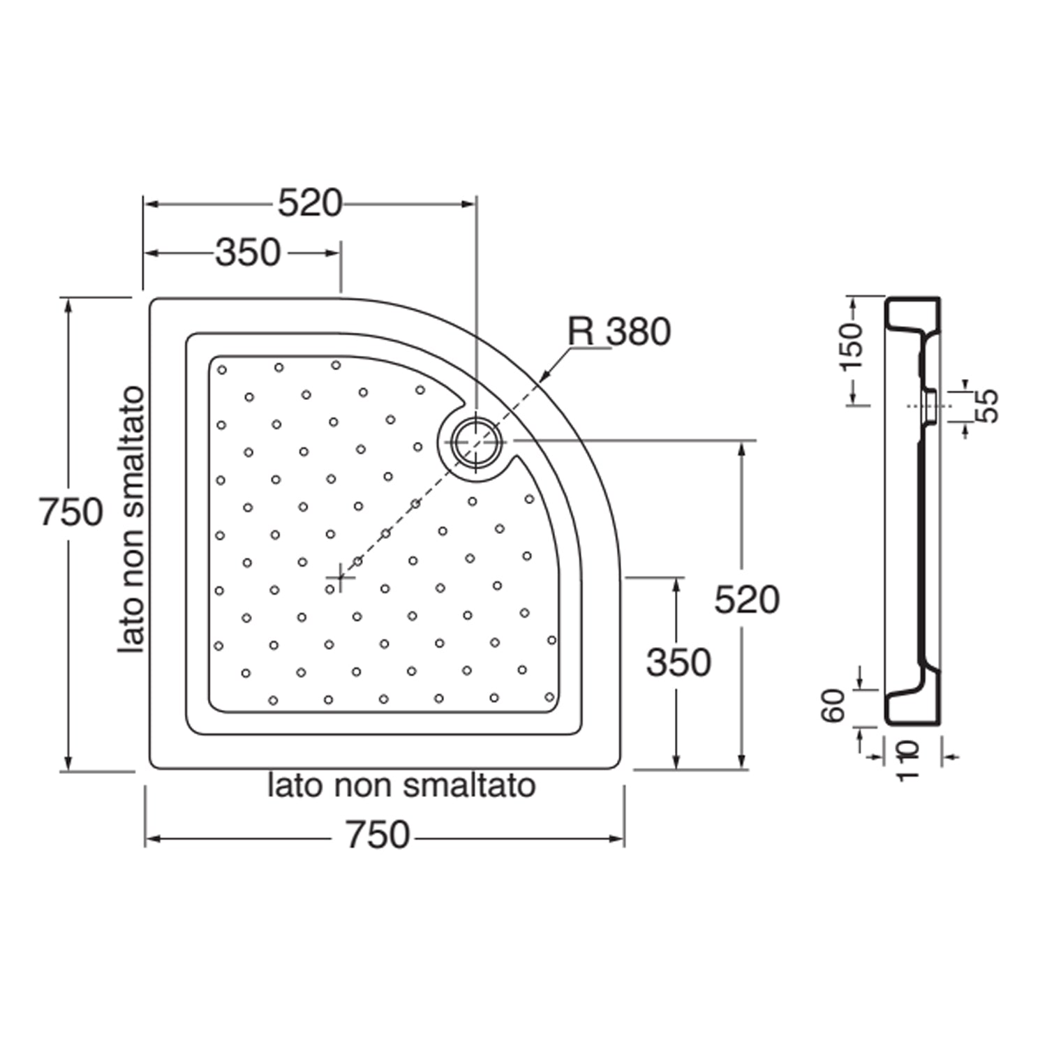 Piatto doccia angolare DocciaGo 75x75 con foro piletta ø 60 - Bianco 2