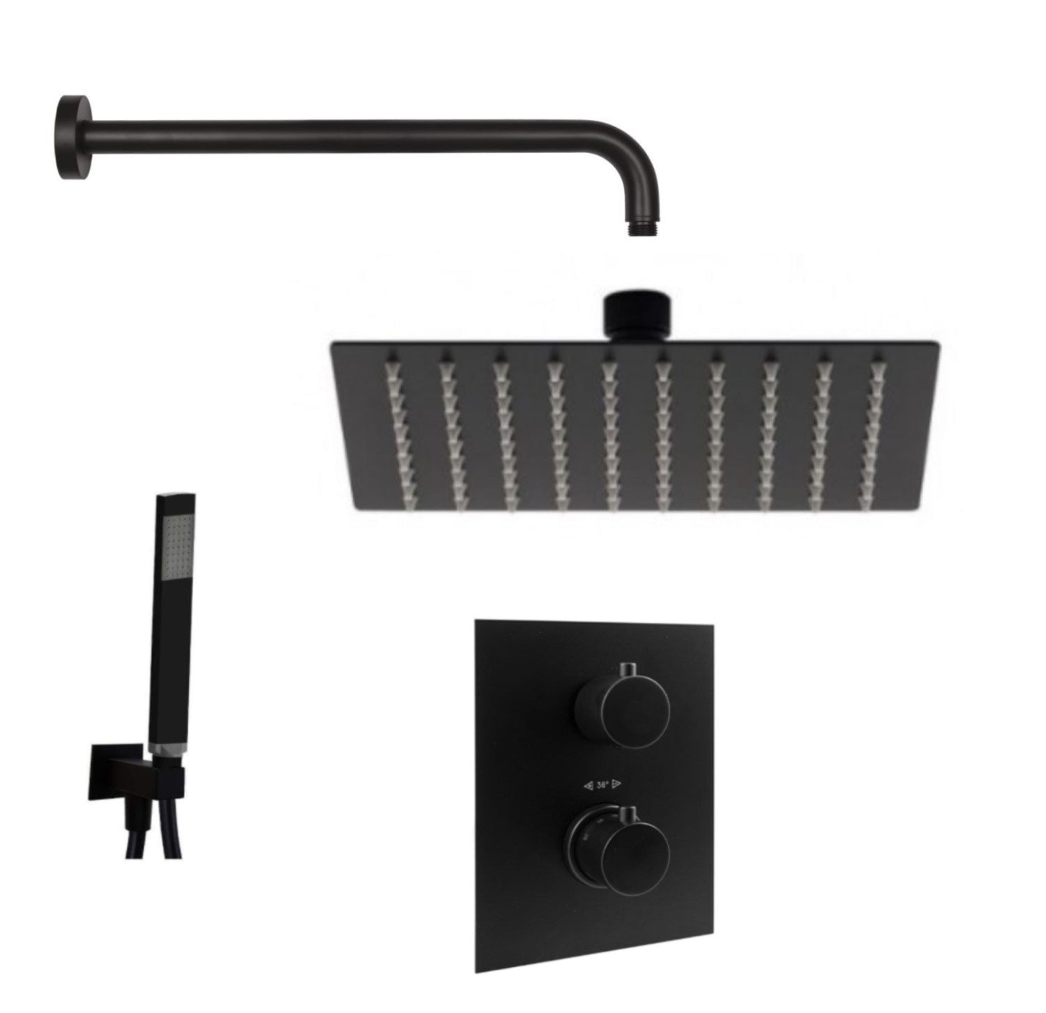 Set soffione doccia con braccio tondo e miscelatore con set doccia quadro in nero opaco Paffoni by CeramicStore | Lo specialista del tuo bagno