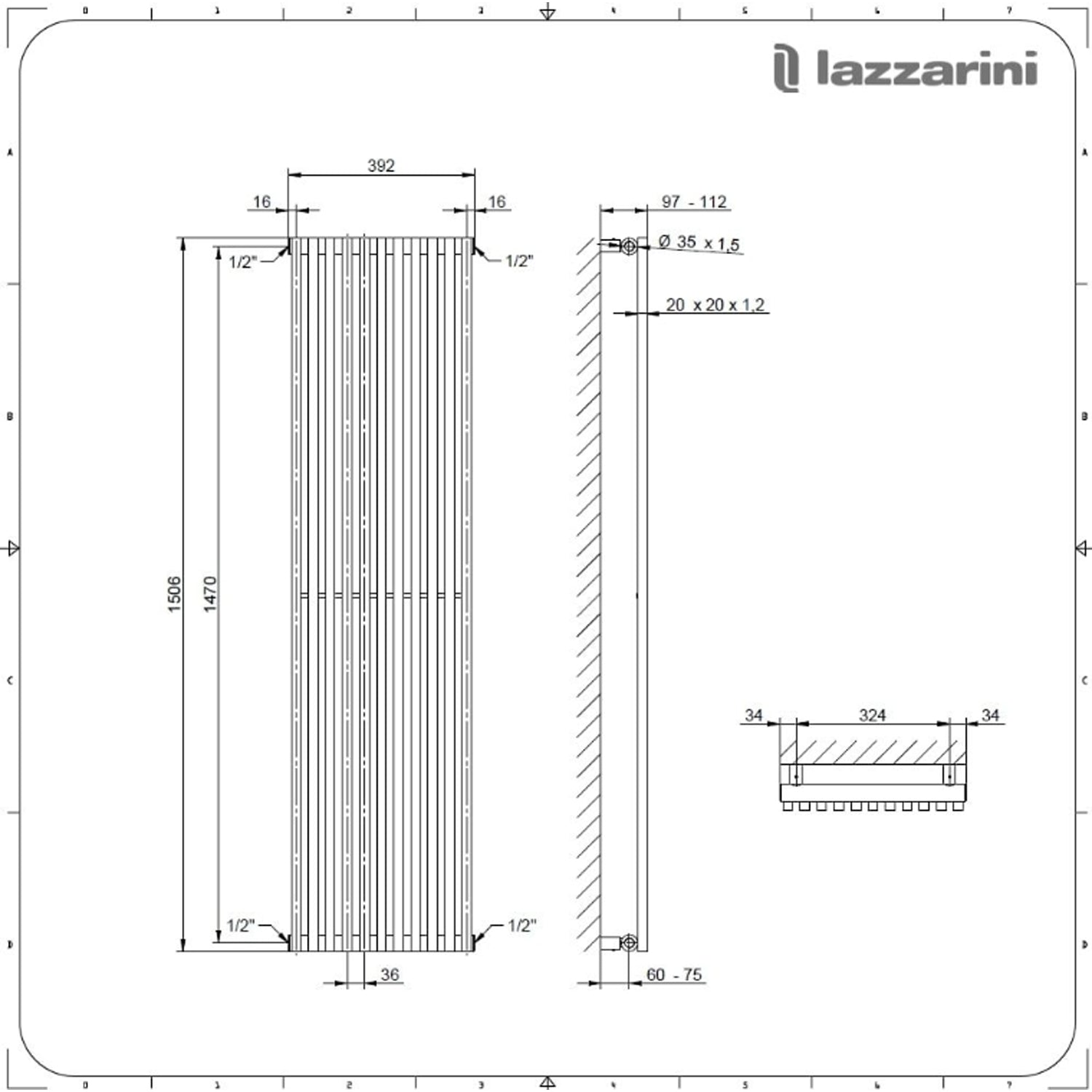  Termoarredo singolo Lazzarini 1806x392 mm interasse 392/1770 mm modello Grosseto V finitura Bianco by CeramicStore | Lo specialista del tuo bagno