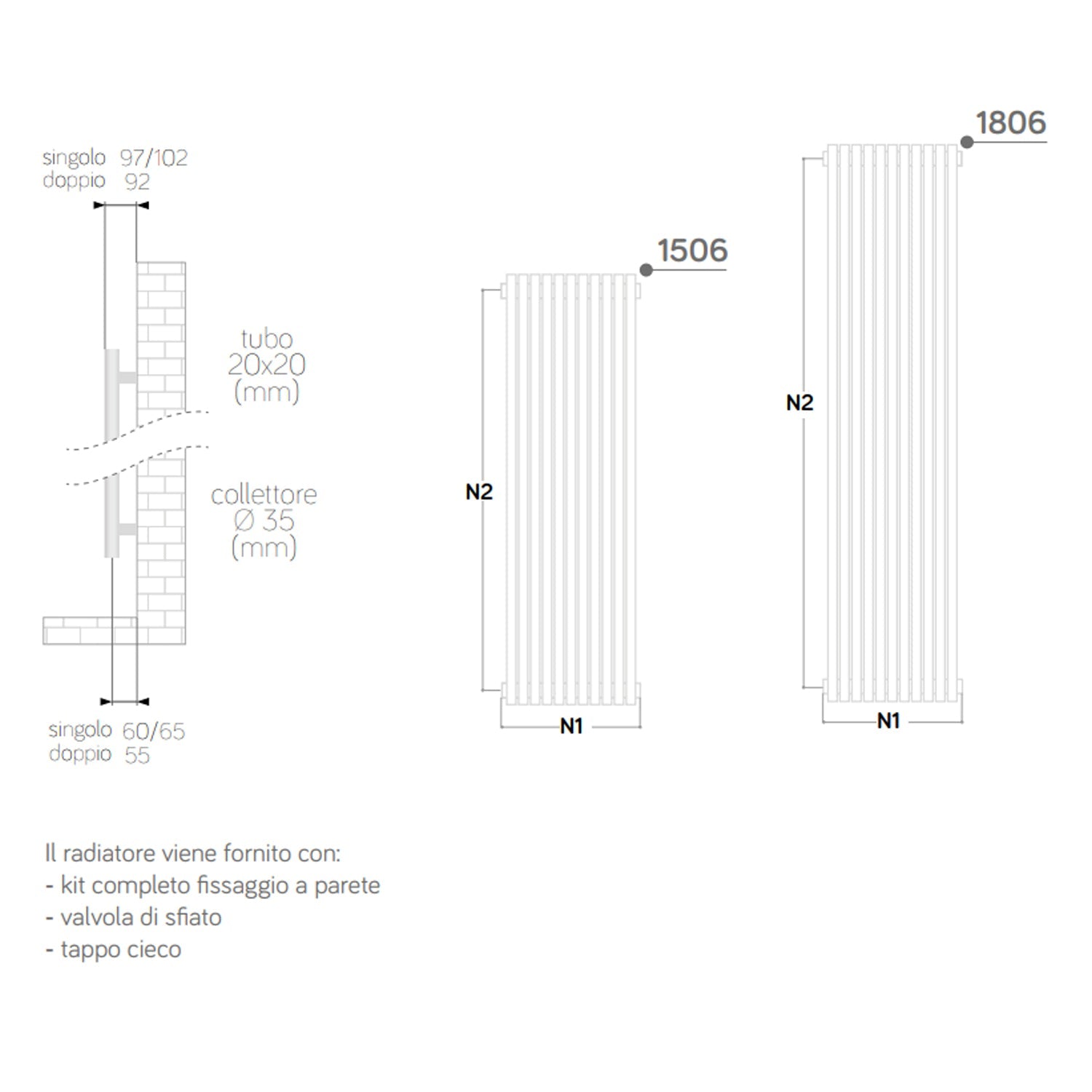  Termoarredo singolo Lazzarini 1806x392 mm interasse 392/1770 mm modello Grosseto V finitura Bianco by CeramicStore | Lo specialista del tuo bagno