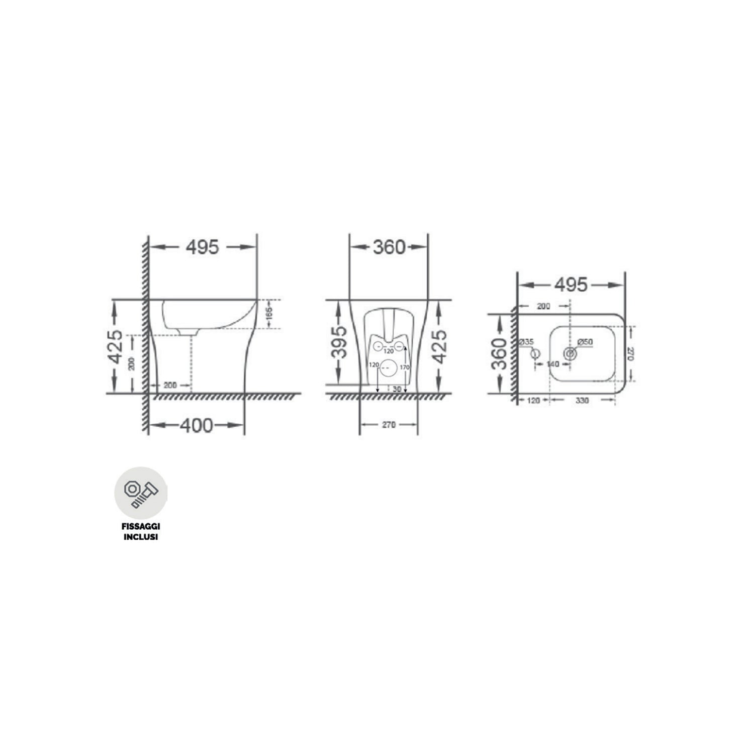  Sanitari filomuro BathCore modello Tuono con sedile SoftClose 49.5x36 H. 42.5 cm - Bianco lucido