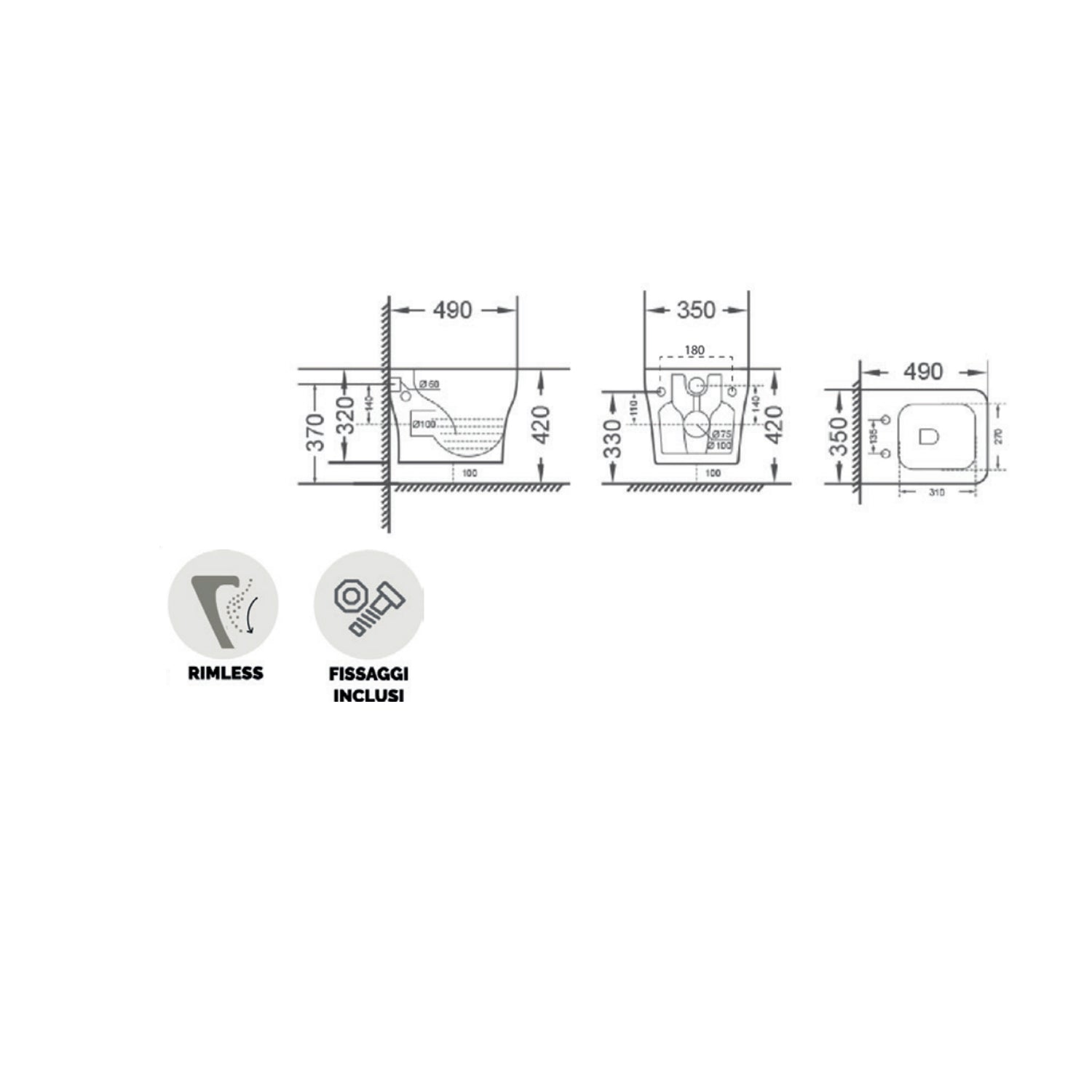  Sanitari sospesi serie Tuono con sedile Softclose 49x35 H. 32 cm - Bianco lucido