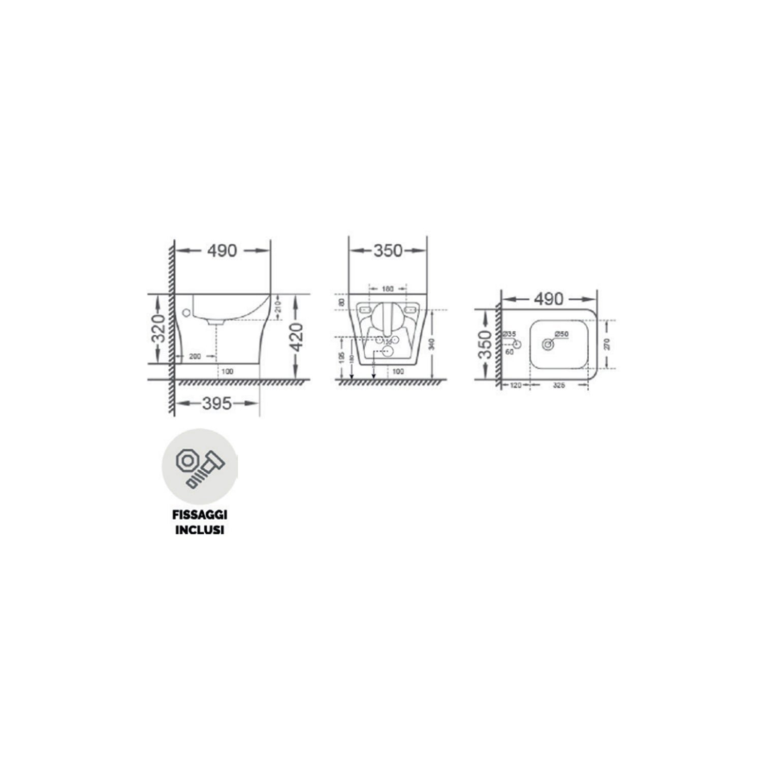  Sanitari sospesi serie Tuono con sedile Softclose 49x35 H. 32 cm - Bianco lucido