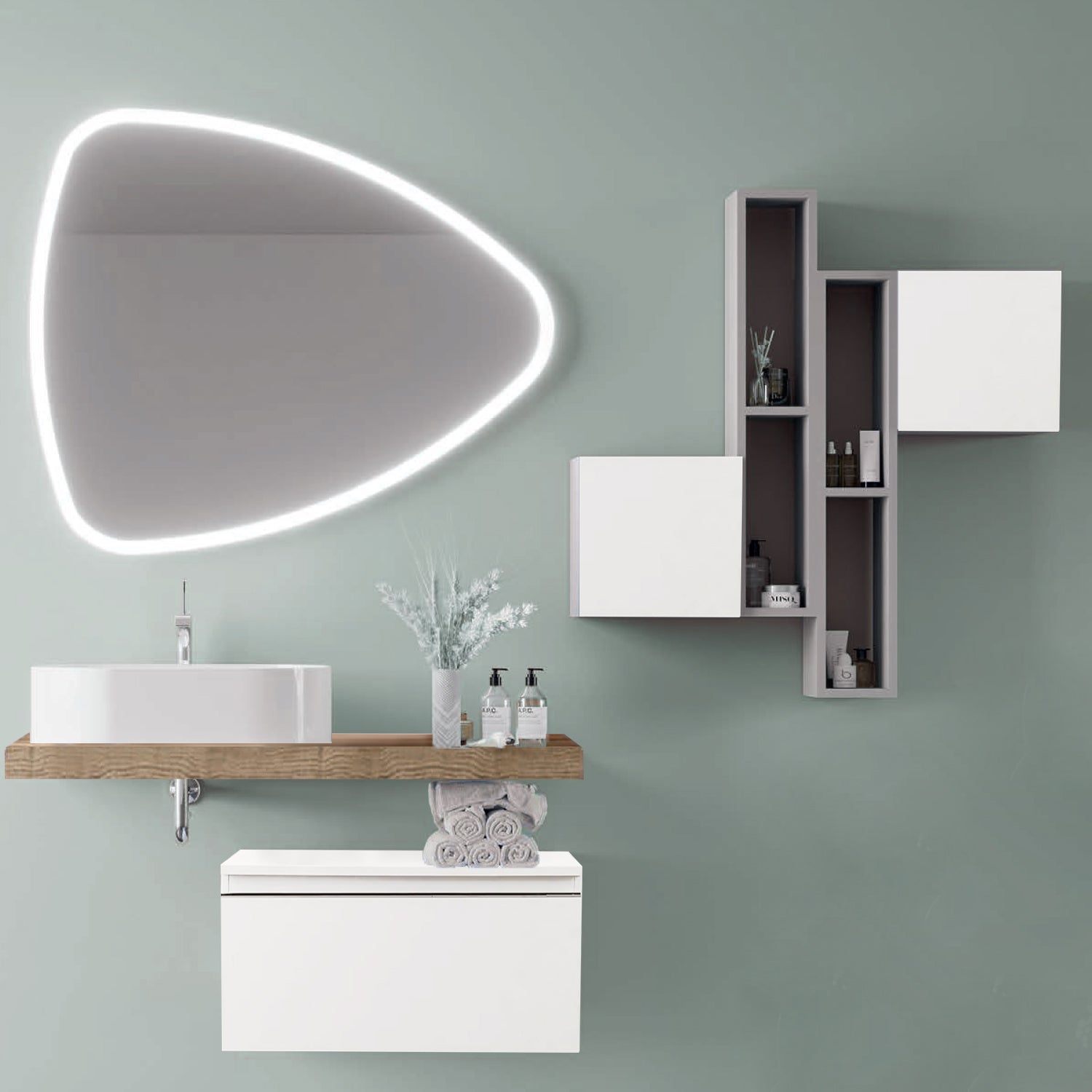  Composizione Bagno 100 cm Rovere Naturale con Lavabo d€™Appoggio e Specchio LED - Cassetto Bianco Lucido Cubi&Co Destiny 3 by CeramicStore | Lo specialista del tuo bagno