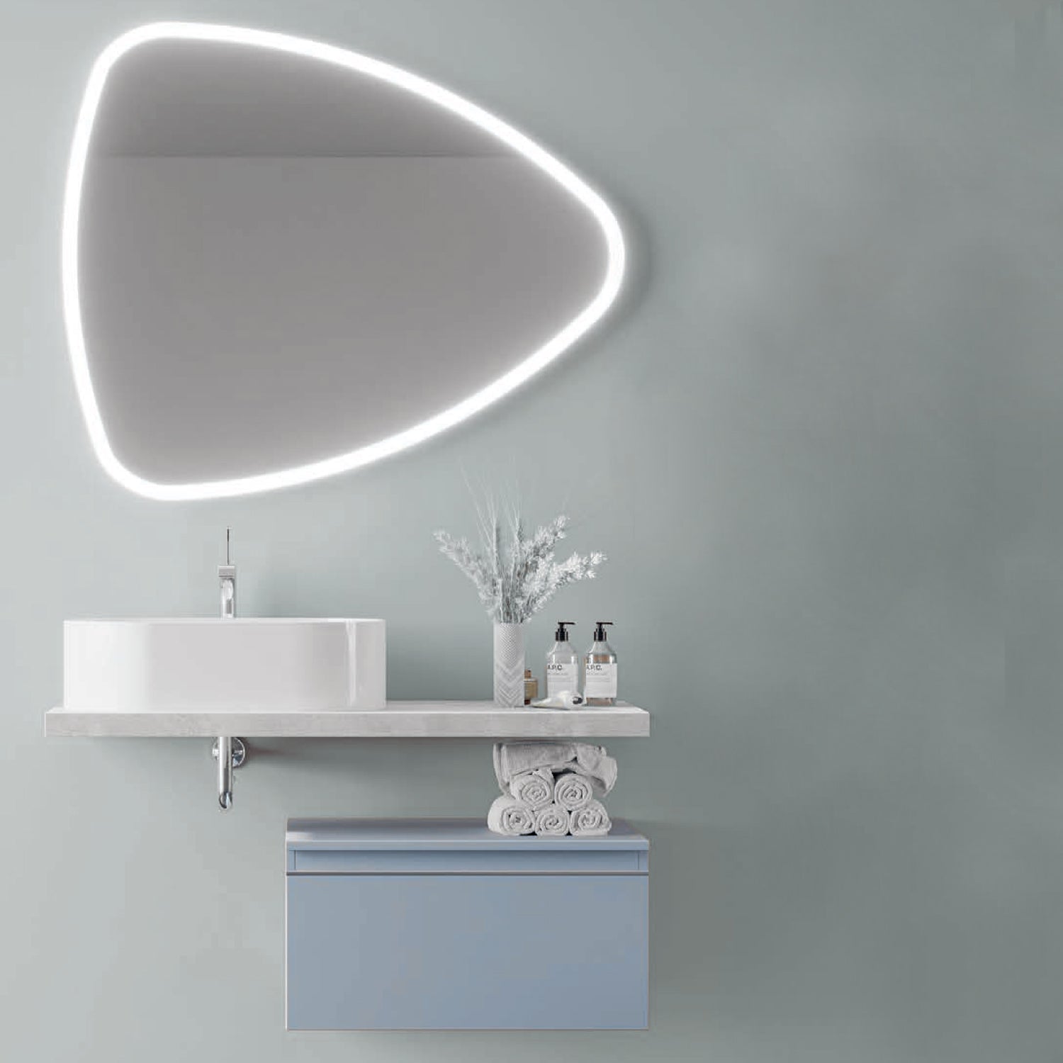 Composizione Bagno 100 cm Rovere fossile con Lavabo d€™Appoggio e Specchio LED - Cassetto Blu Pastello Opaco Cubi&Co Destiny 3 by CeramicStore | Lo specialista del tuo bagno