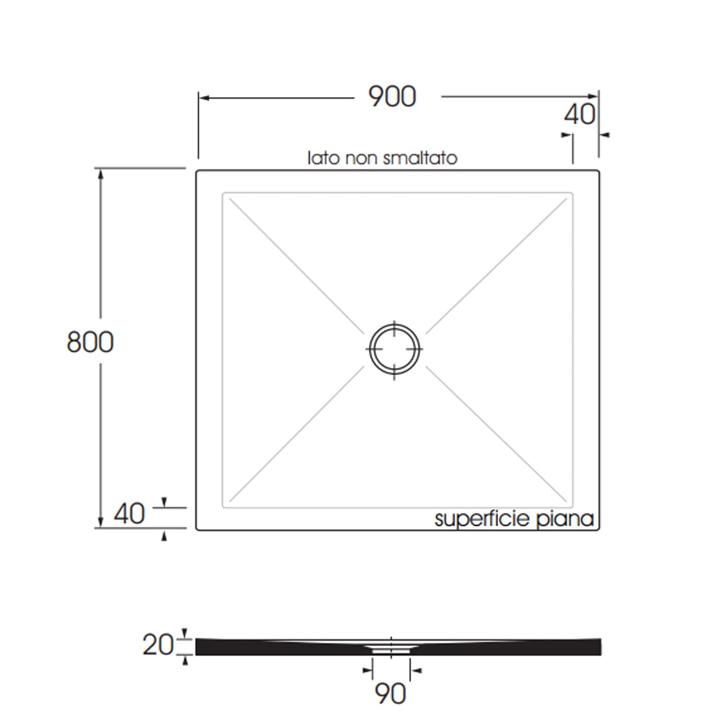  Piatto doccia rettangolare in ceramica SoloDue cm 90x80 nero lucido