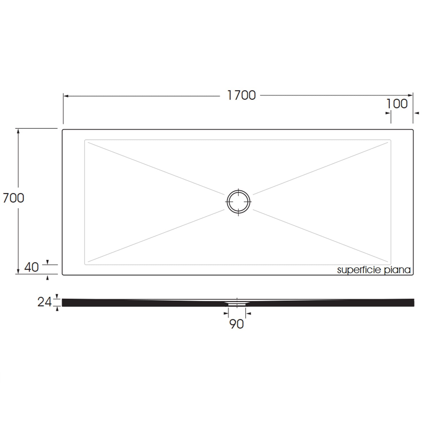  Piatto doccia rettangolare in ceramica SoloDue cm 170x70 nero lucido