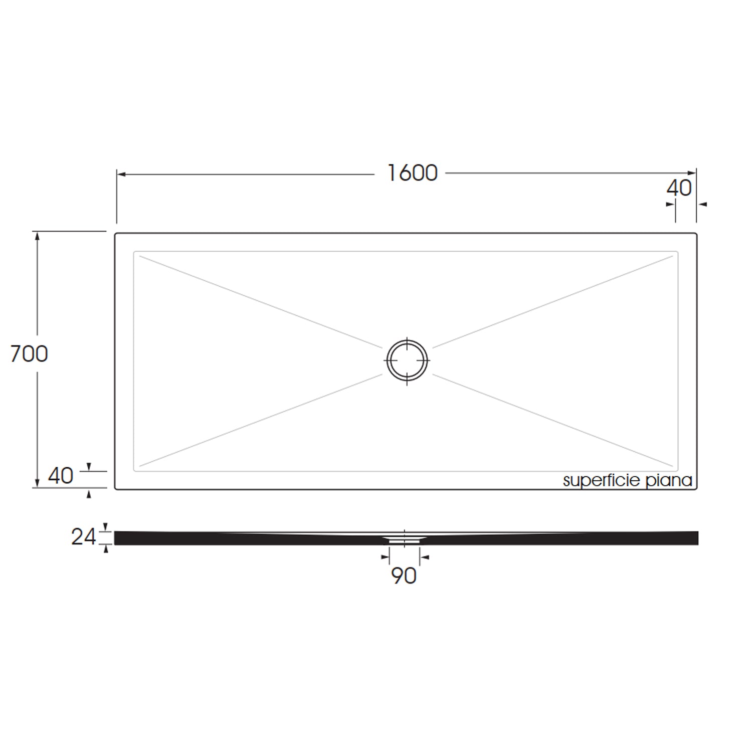  Piatto doccia rettangolare in ceramica SoloDue cm 160x70 nero lucido