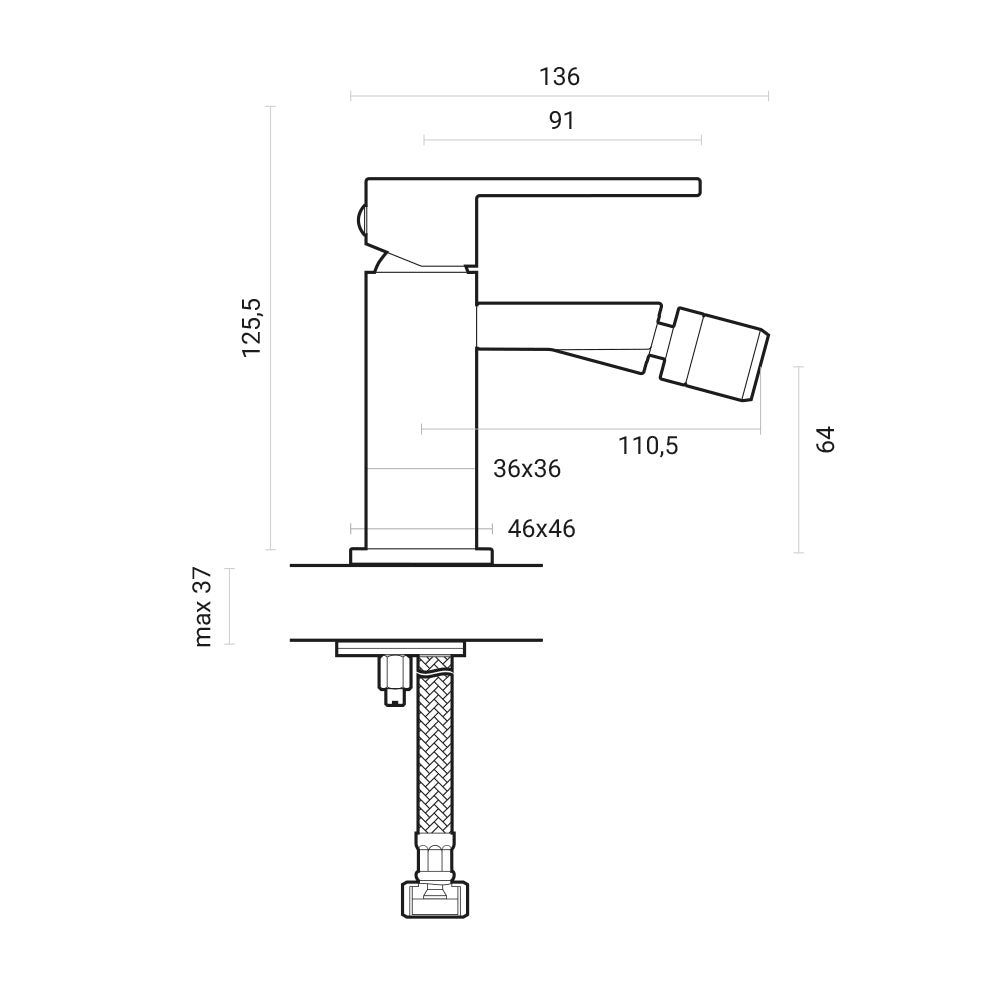 Miscelatore bidet monocomando RubiFlux Square ottone cromato con piletta di scarico click-clack 2