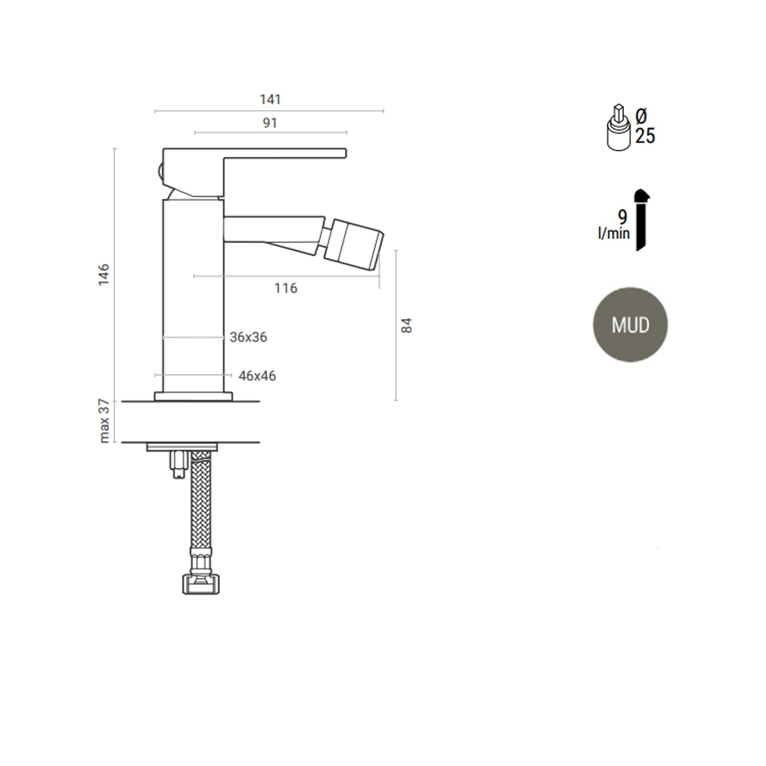 Miscelatore bidet monocomando RubiFlux Square Mud con piletta di scarico click-clack - Grigio Fango 5