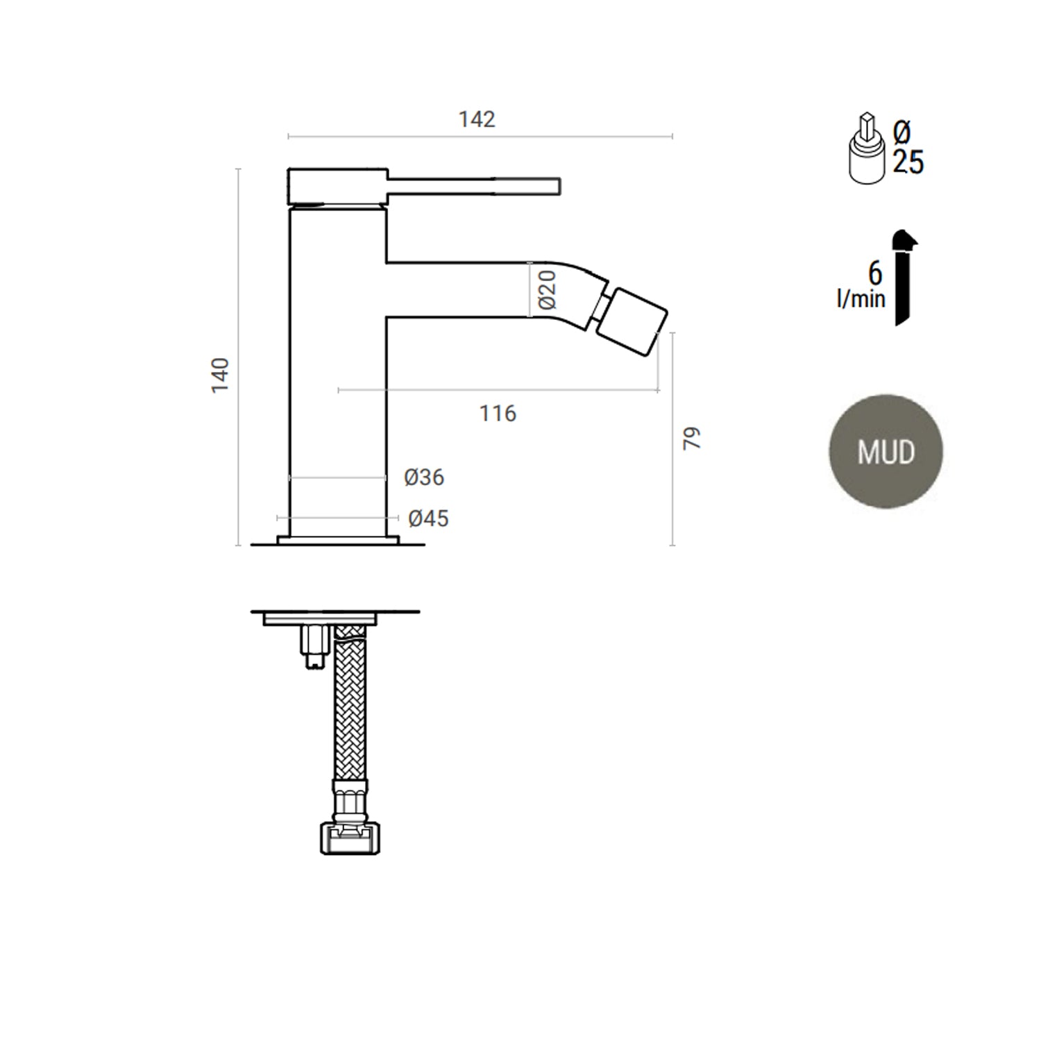 Miscelatore bidet monocomando RubiFlux York Mud con piletta di scarico click-clack - Grigio Fango 2