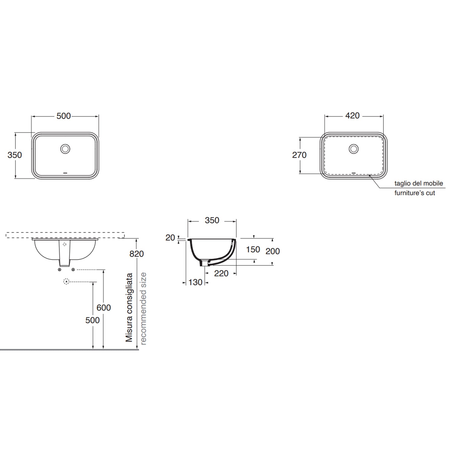 Lavabo sottopiano Azzurra Built-in Under 50x38 cm con foro troppopieno - Bianco lucido 3