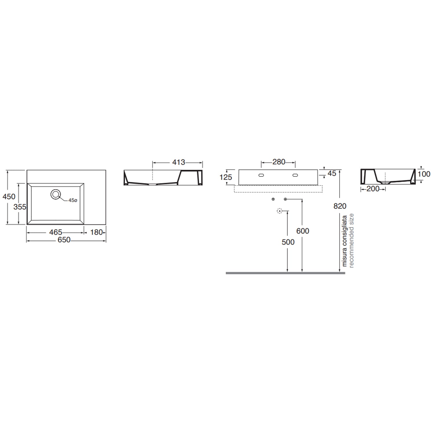 Lavabo da appoggio/sospeso squadrato di Ceramica Azzurra serie Elegance 65x45 cm con piano a destra 5