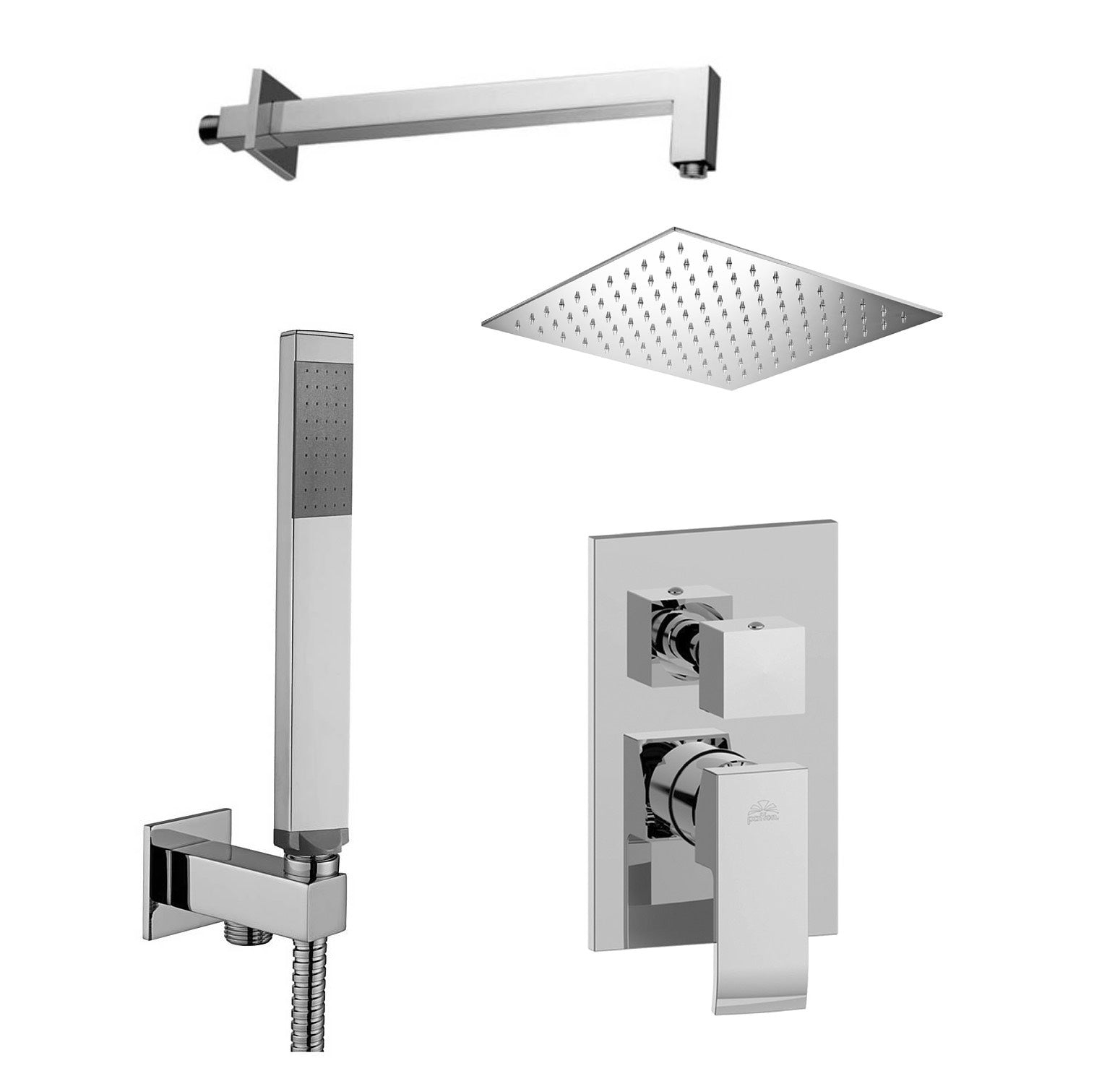 Set soffione doccia quadrato e braccio doccia quadrato con miscelatore incasso Paffoni Level e set duplex doccia - Cromo