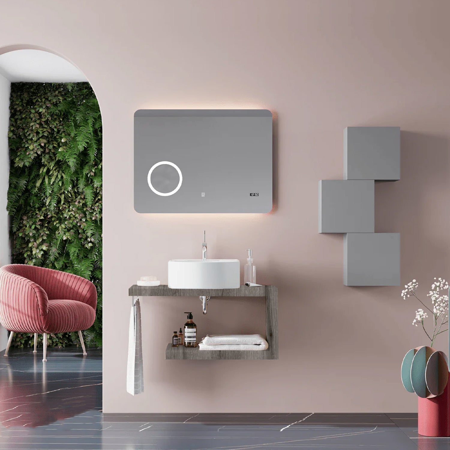  Mobile bagno a giorno con lavabo d'appoggio in ceramica e specchio touch cm 80 rovere fossile- Cubi&Co modello Destiny 1 by CeramicStore | Lo specialista del tuo bagno