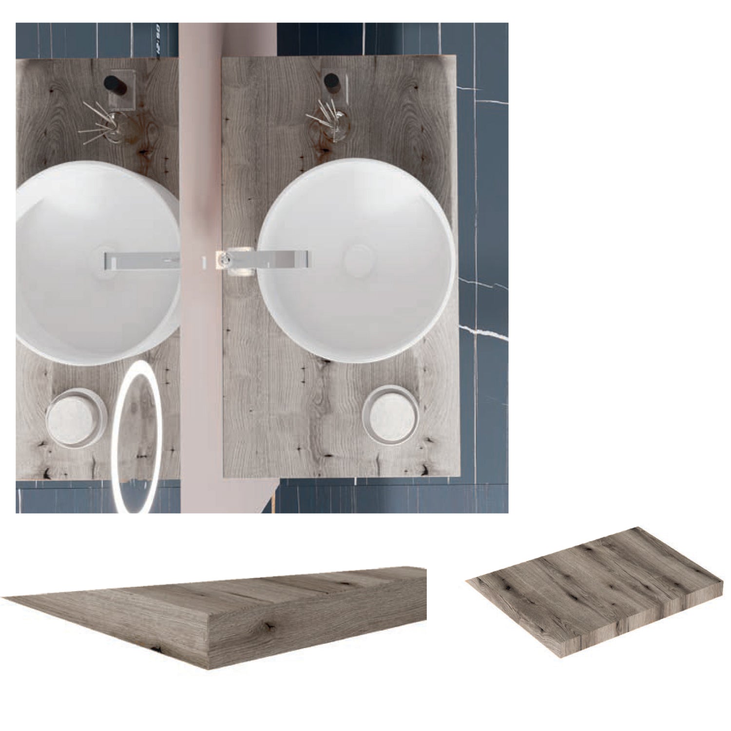  Mobile bagno a giorno con lavabo d'appoggio in ceramica e specchio touch cm 80 rovere fossile- Cubi&Co modello Destiny 1 by CeramicStore | Lo specialista del tuo bagno