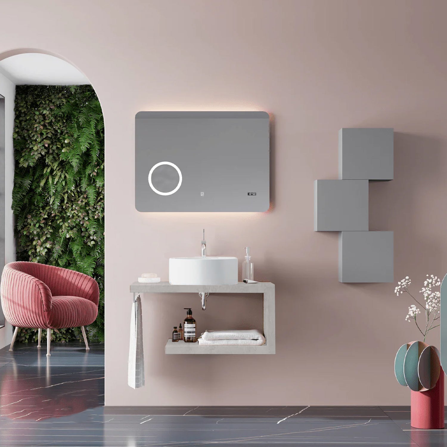  Mobile bagno a giorno con lavabo d'appoggio in ceramica e specchio touch cm 80 Beton- Cubi&Co modello Destiny 1 by CeramicStore | Lo specialista del tuo bagno