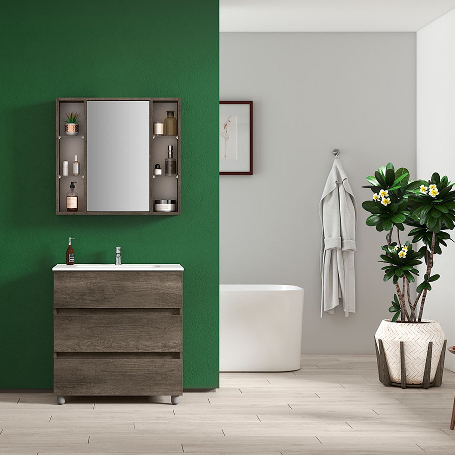 Composizione bagno con lavabo e specchio contenitore modello KoraXL04 80 cm Rovere Scuro by CeramicStore | Lo specialista del tuo bagno