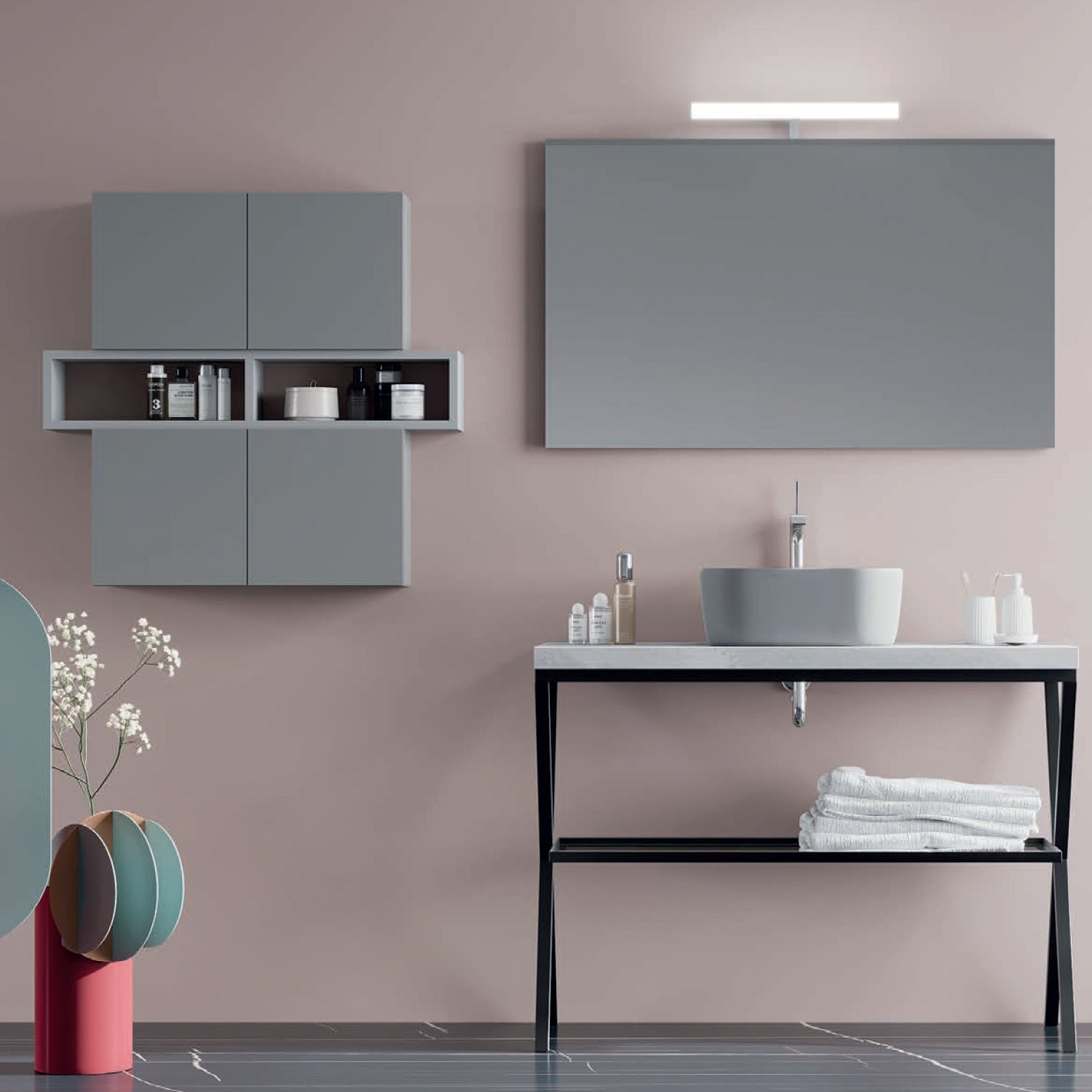  Mobile bagno in metallo nero con lavabo d'appoggio e specchio cm 100 top beton- Cubi&Co modello Destiny 5 by CeramicStore | Lo specialista del tuo bagno