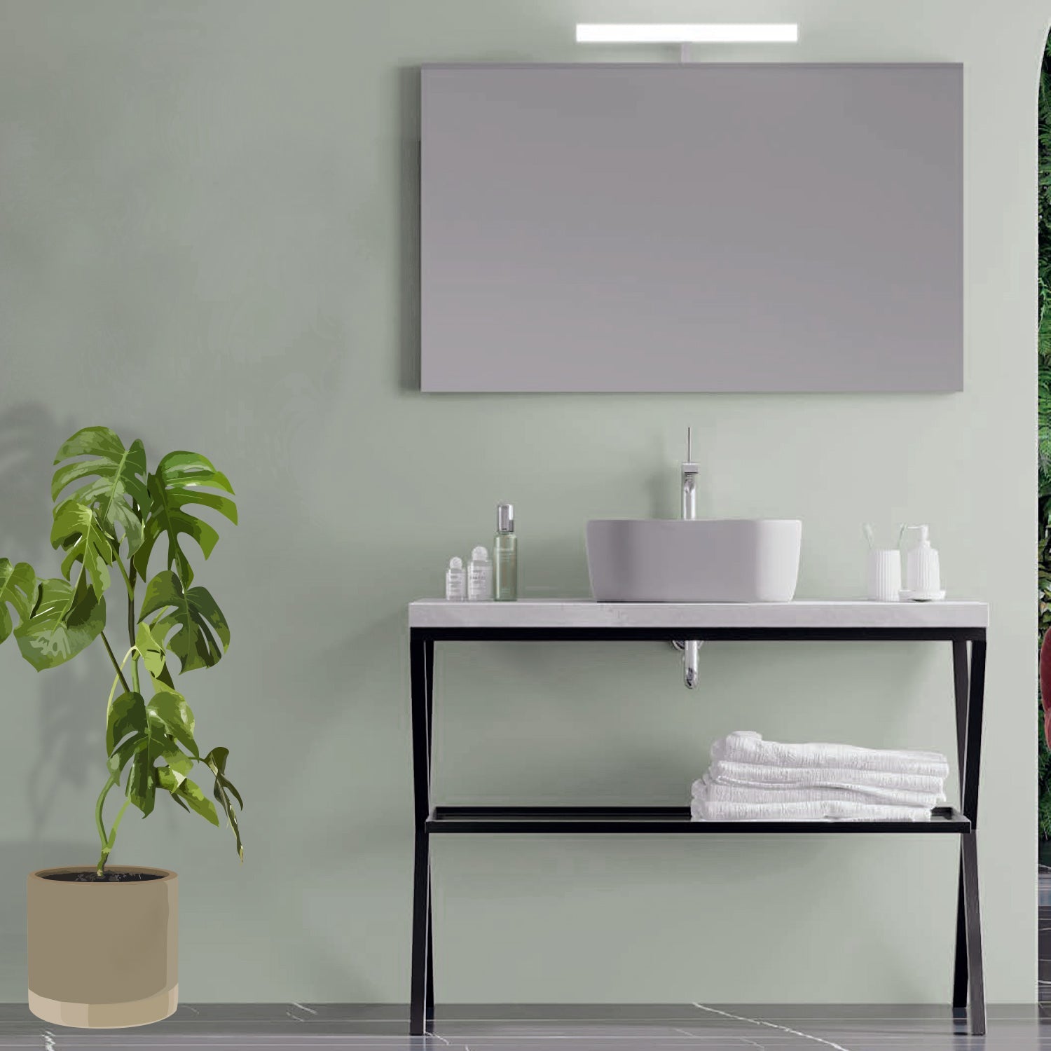 Mobile bagno in metallo nero con lavabo d'appoggio e specchio cm 100 top beton- Cubi&Co modello Destiny 5 by CeramicStore | Lo specialista del tuo bagno