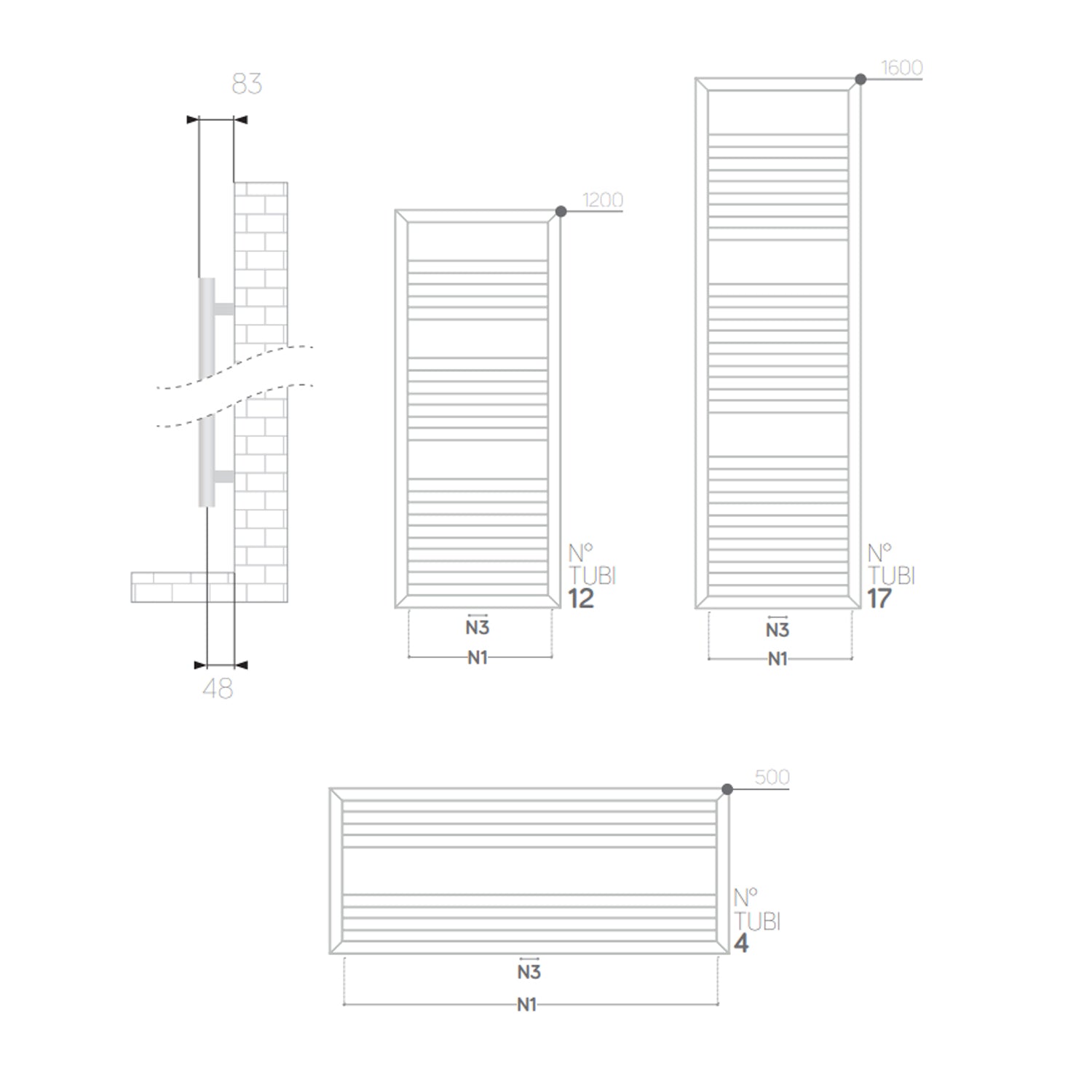 Termoarredo piatto modello Urbino Lazzarini 1600x500mm interasse 400 mm/50mm  finitura Antracite 3