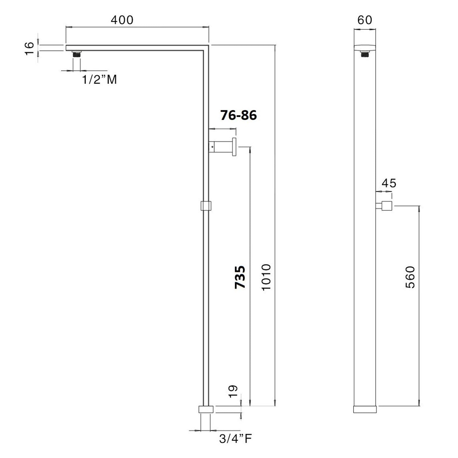  Colonna doccia rettangolare in ottone con supporto e attacco 3/4F by CeramicStore | Lo specialista del tuo bagno