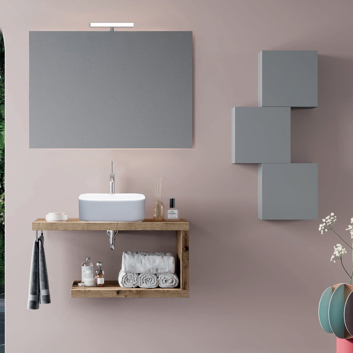  Mobile bagno a giorno con lavabo d'appoggio in ceramica cm 80 rovere naturale- Cubi&Co modello Destiny con specchio e lampada by CeramicStore | Lo specialista del tuo bagno