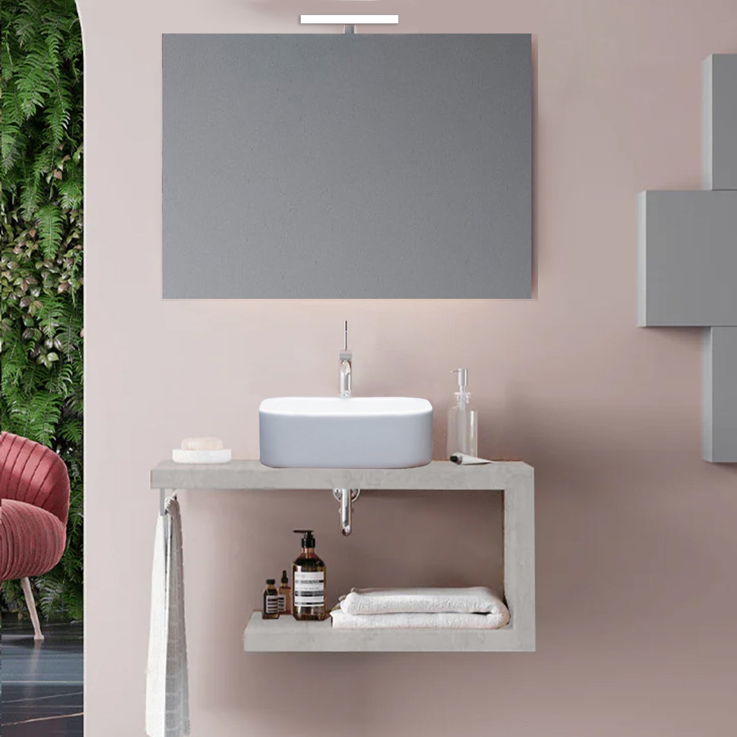 Mobile bagno a giorno con lavabo d'appoggio cm 80 Beton - Cubi&Co modello Destiny con specchio e lampada by CeramicStore | Lo specialista del tuo bagno