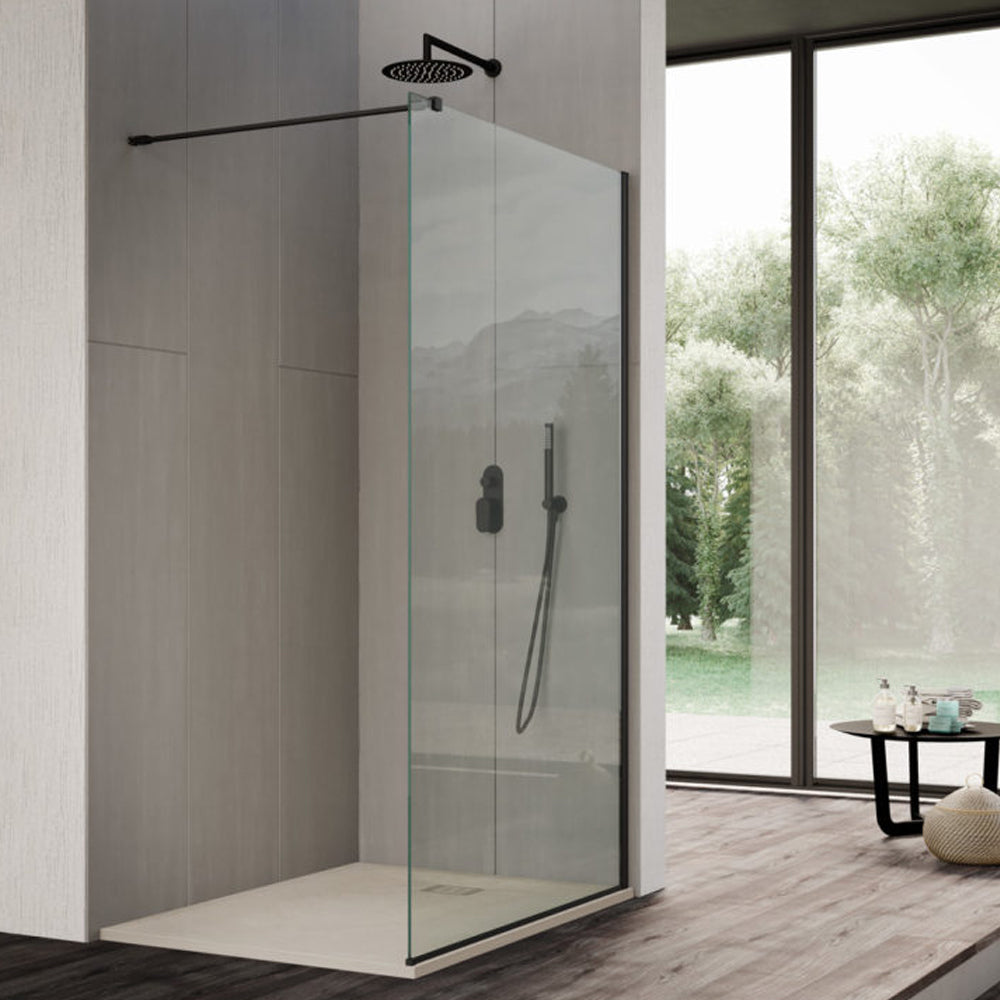 Parete doccia Walk In cm 90 in cristallo temperato trasparente 8mm collezione Vogue Carbon con profili neri 4