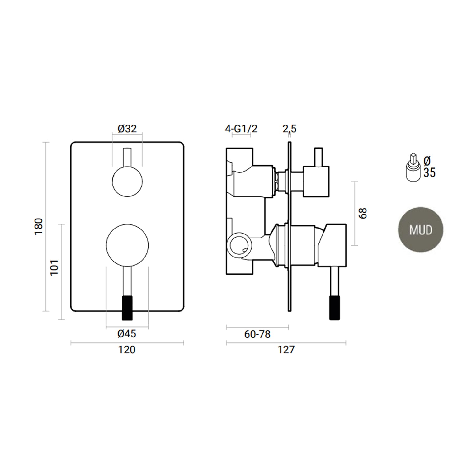 Miscelatore a incasso per doccia con deviatore 2 vie RubiFlux Tennis Mud - Grigio Fango 3